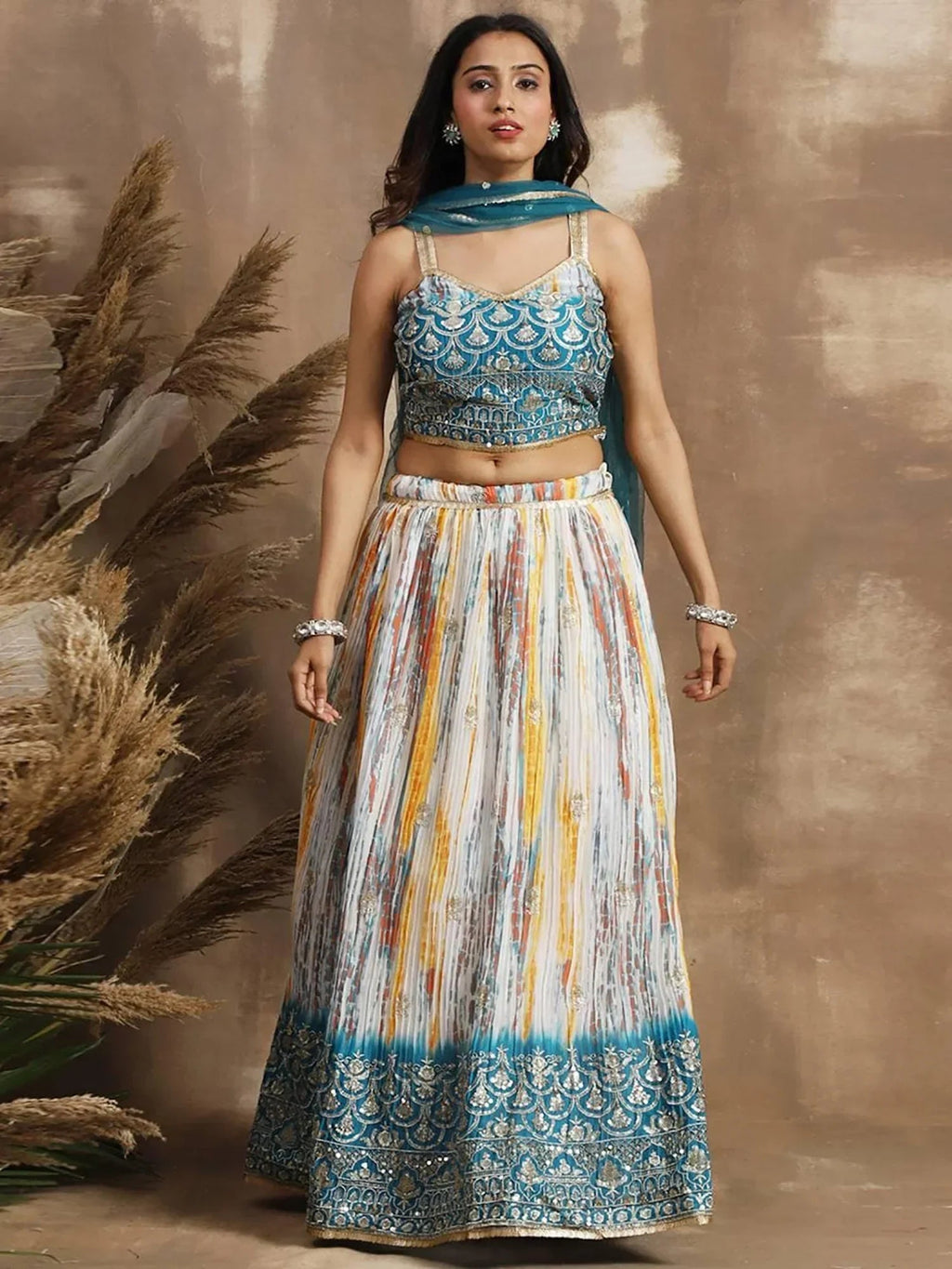Glamorous White & Blue Sequins Chinon Sangeet Wear Lehenga Choli