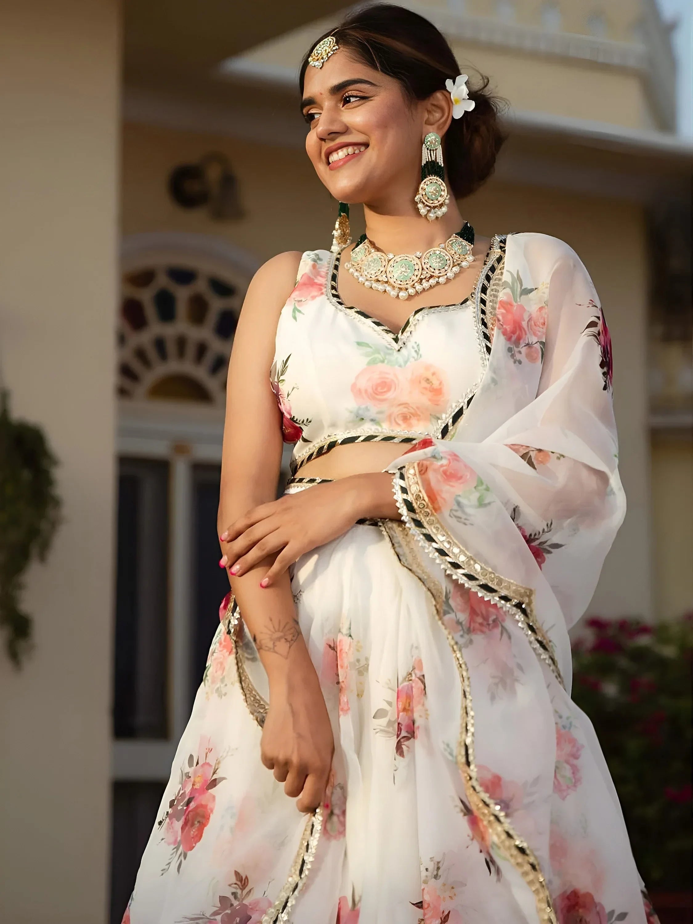 Magnetic White Floral Printed Organza Festival Wear Lehenga Choli