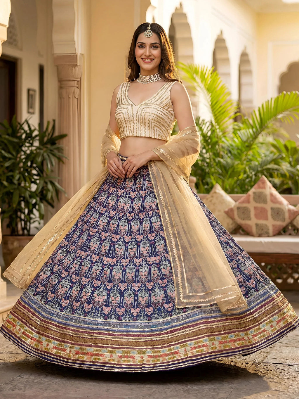 Blue Beautiful Digital Printed Art Silk Reception Wear Lehenga Choli