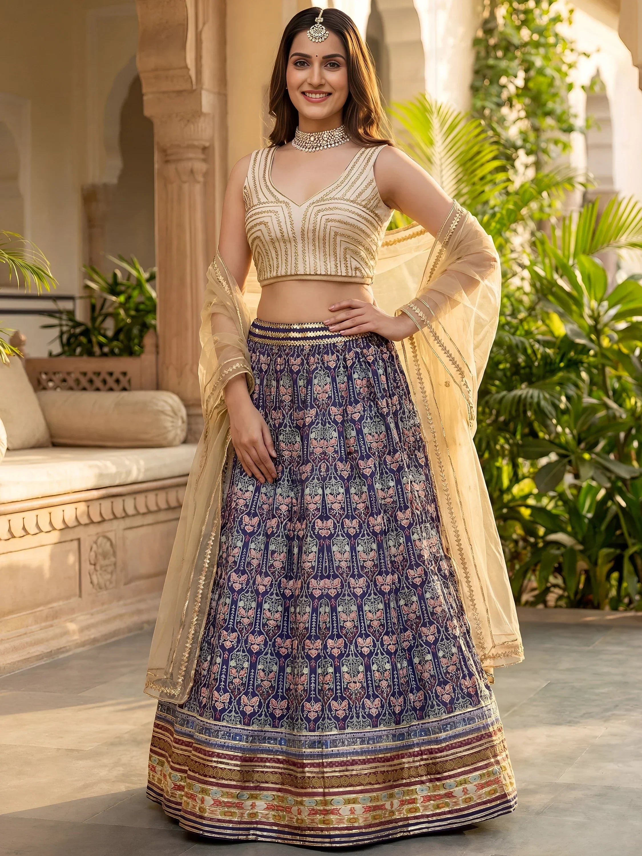 Blue Beautiful Digital Printed Art Silk Reception Wear Lehenga Choli