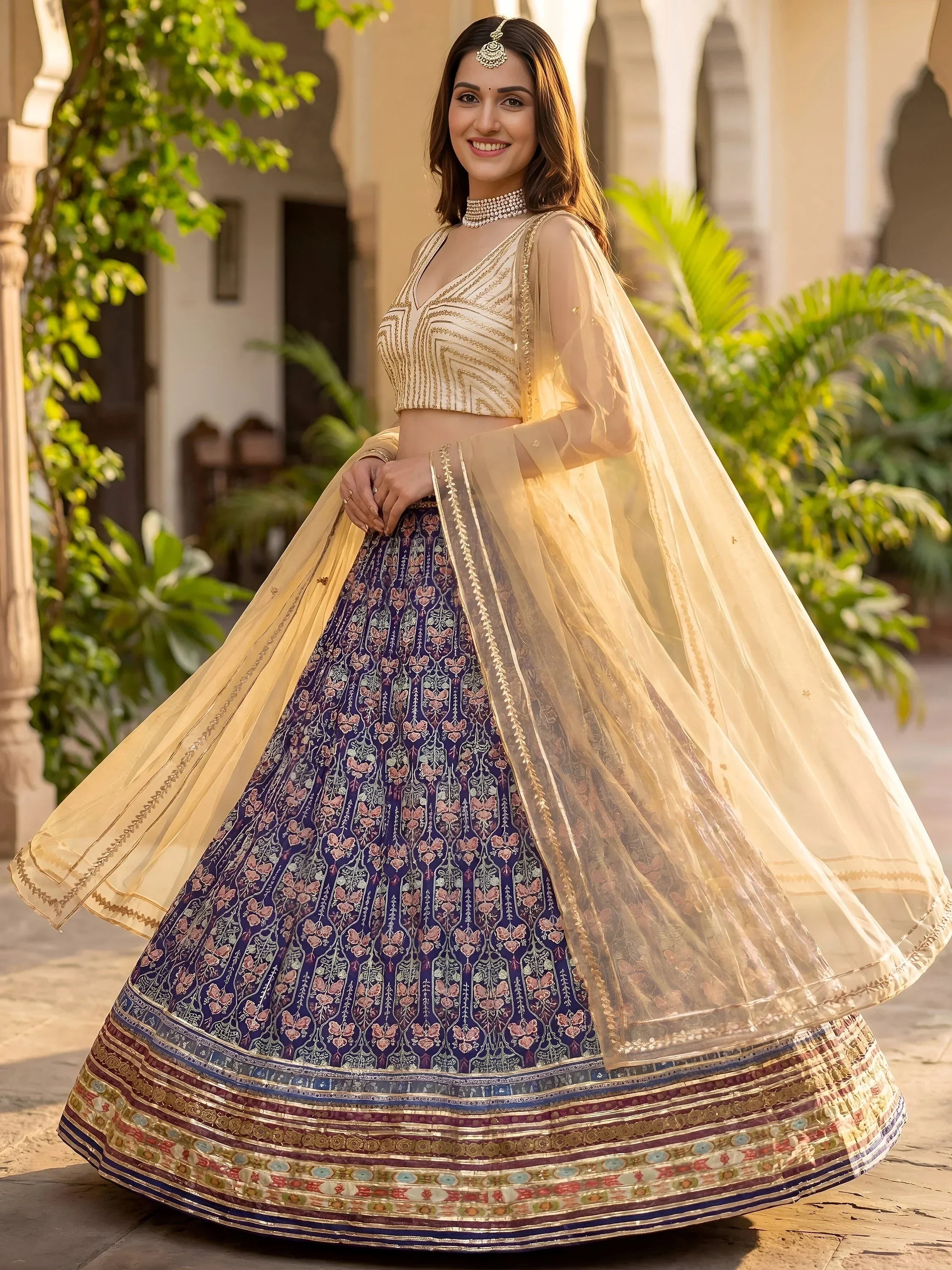 Blue Beautiful Digital Printed Art Silk Reception Wear Lehenga Choli