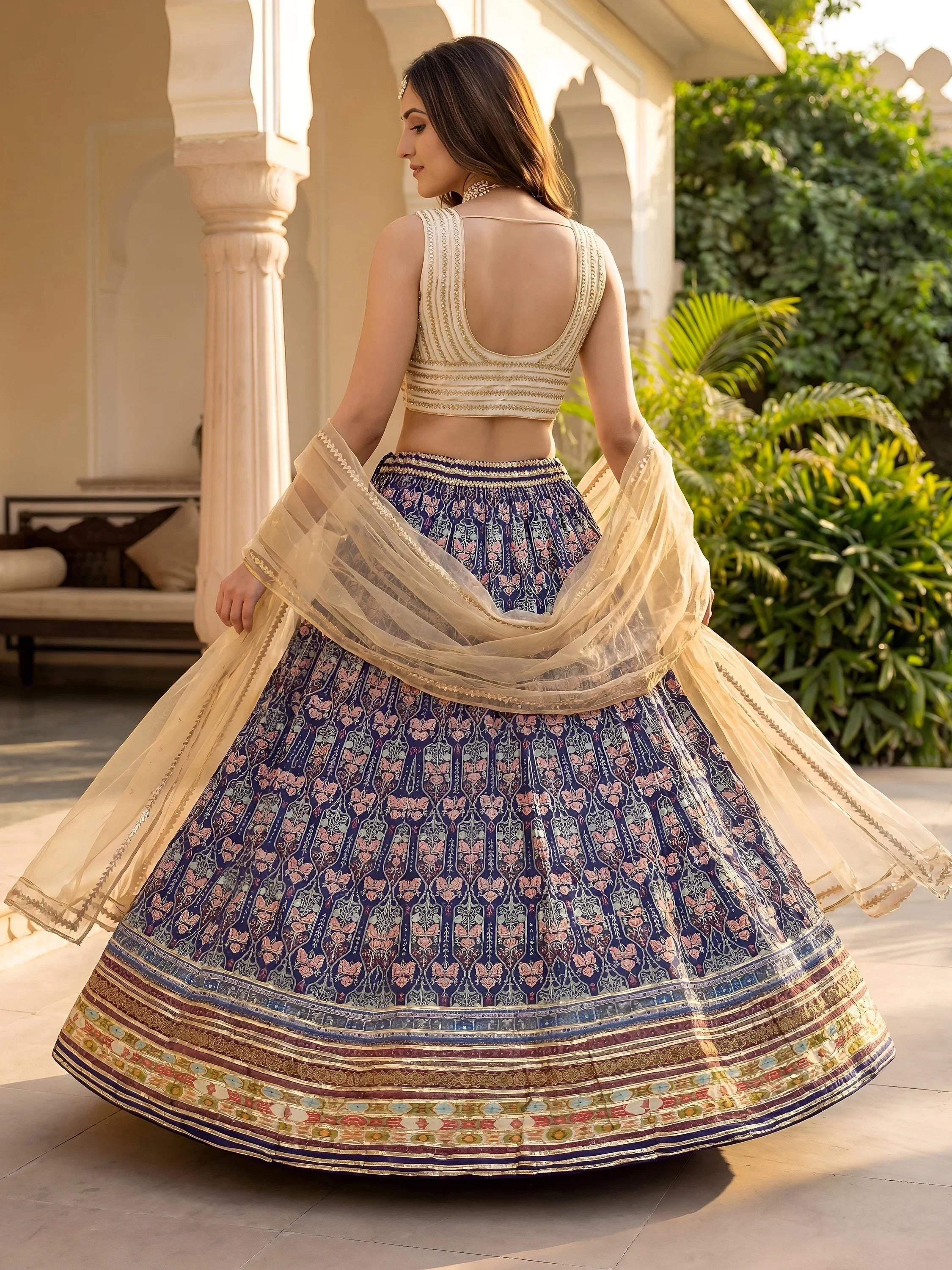 Blue Beautiful Digital Printed Art Silk Reception Wear Lehenga Choli