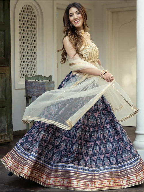 Navy Beautiful Digital Printed Art Silk Reception Wear Lehenga Choli