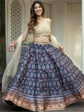 Navy Beautiful Digital Printed Art Silk Reception Wear Lehenga Choli