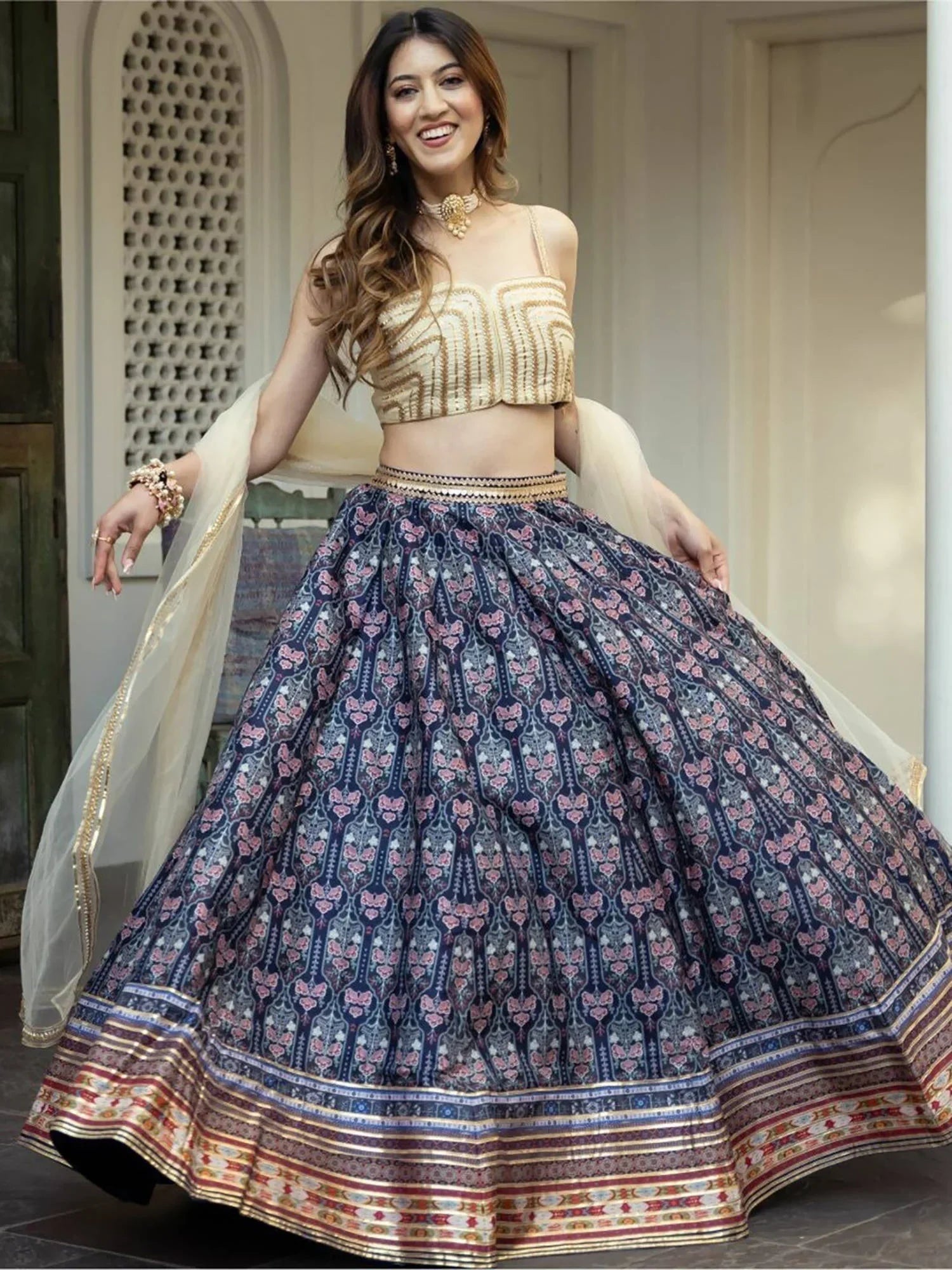 Navy Beautiful Digital Printed Art Silk Reception Wear Lehenga Choli
