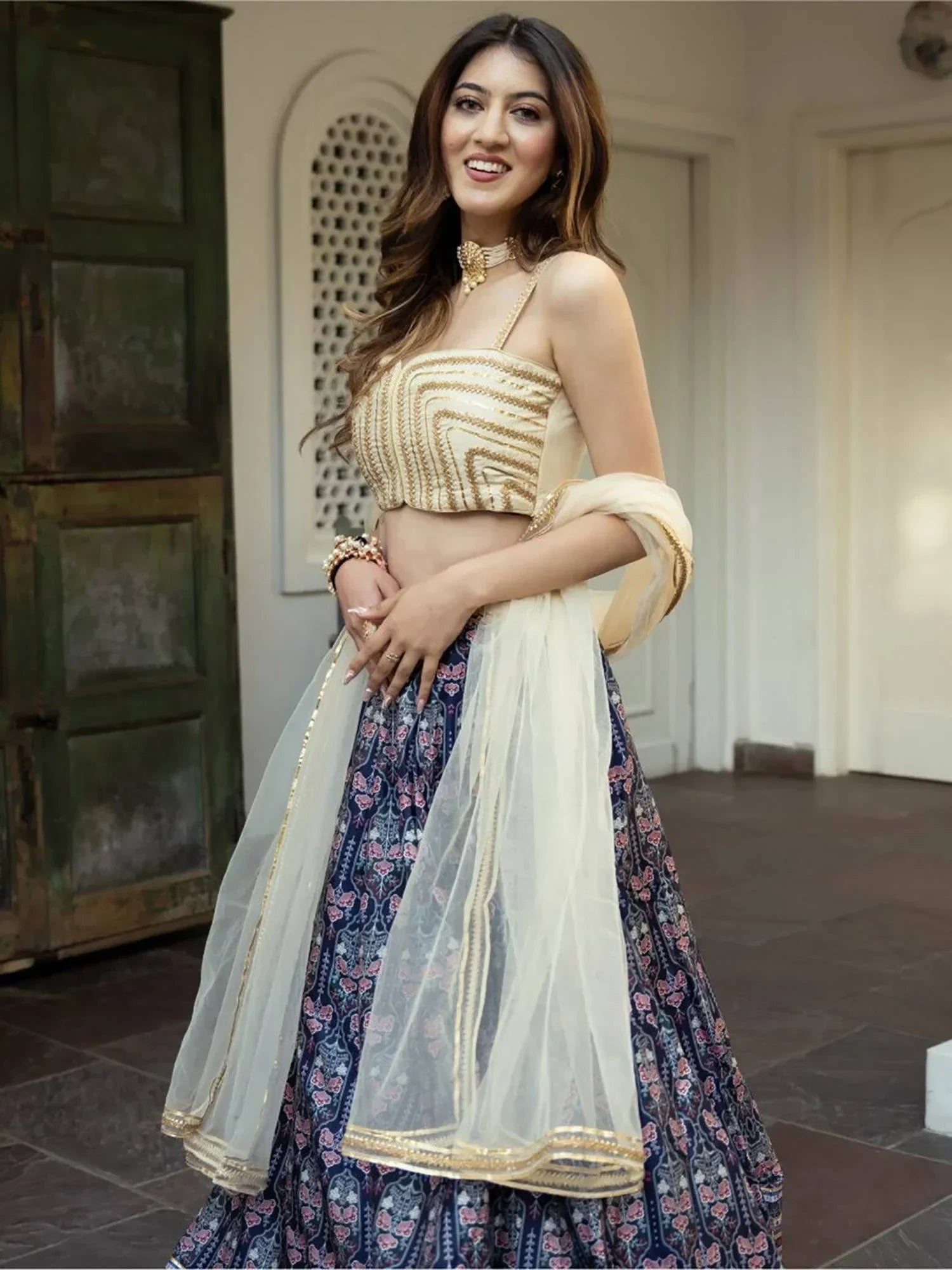 Navy Beautiful Digital Printed Art Silk Reception Wear Lehenga Choli