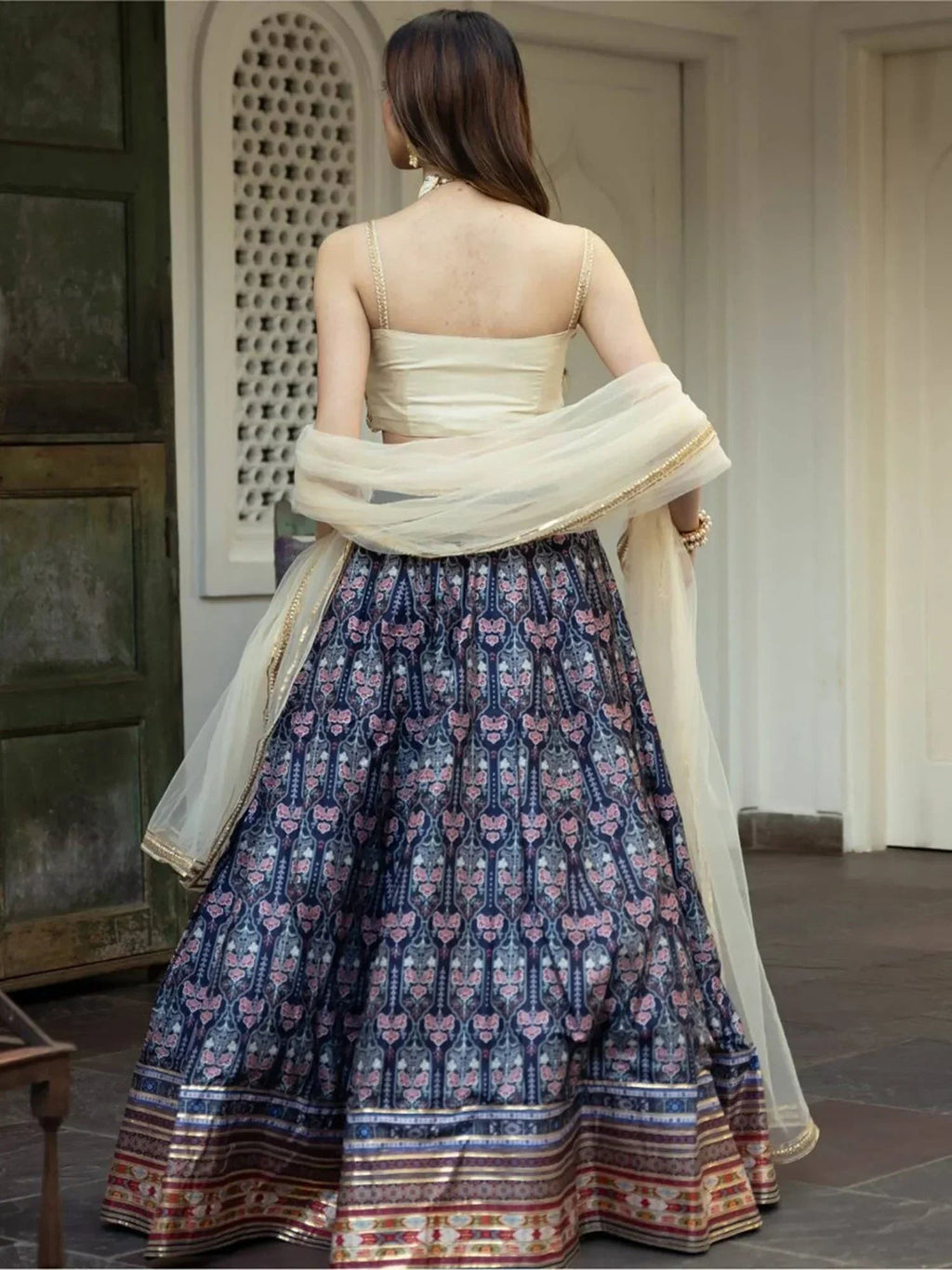 Navy Beautiful Digital Printed Art Silk Reception Wear Lehenga Choli