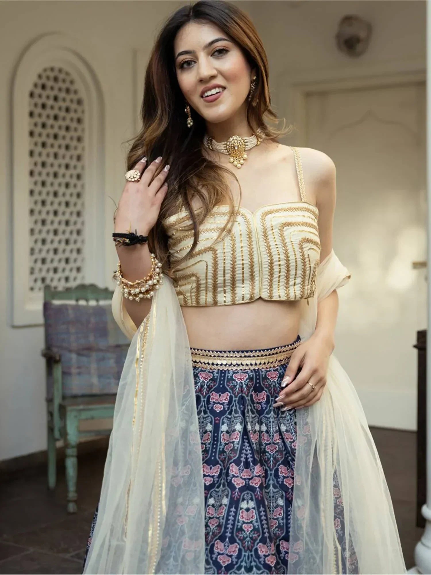 Navy Beautiful Digital Printed Art Silk Reception Wear Lehenga Choli