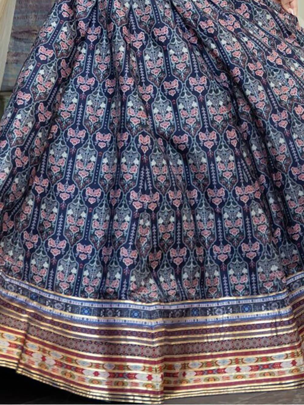 Navy Beautiful Digital Printed Art Silk Reception Wear Lehenga Choli