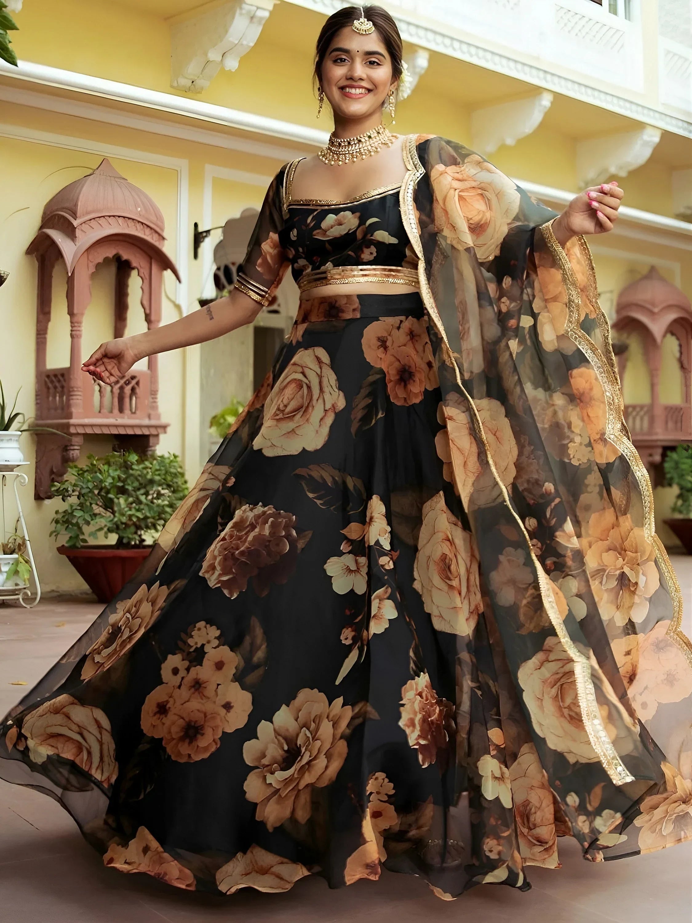 Beautiful Black Floral Printed Organza  Event Wear Lehenga Choli