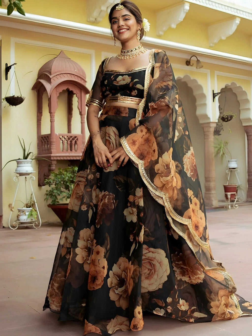 Beautiful Black Floral Printed Organza  Event Wear Lehenga Choli