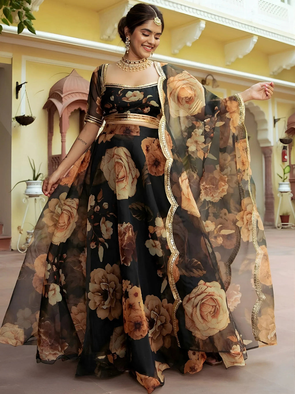 Beautiful Black Floral Printed Organza  Event Wear Lehenga Choli