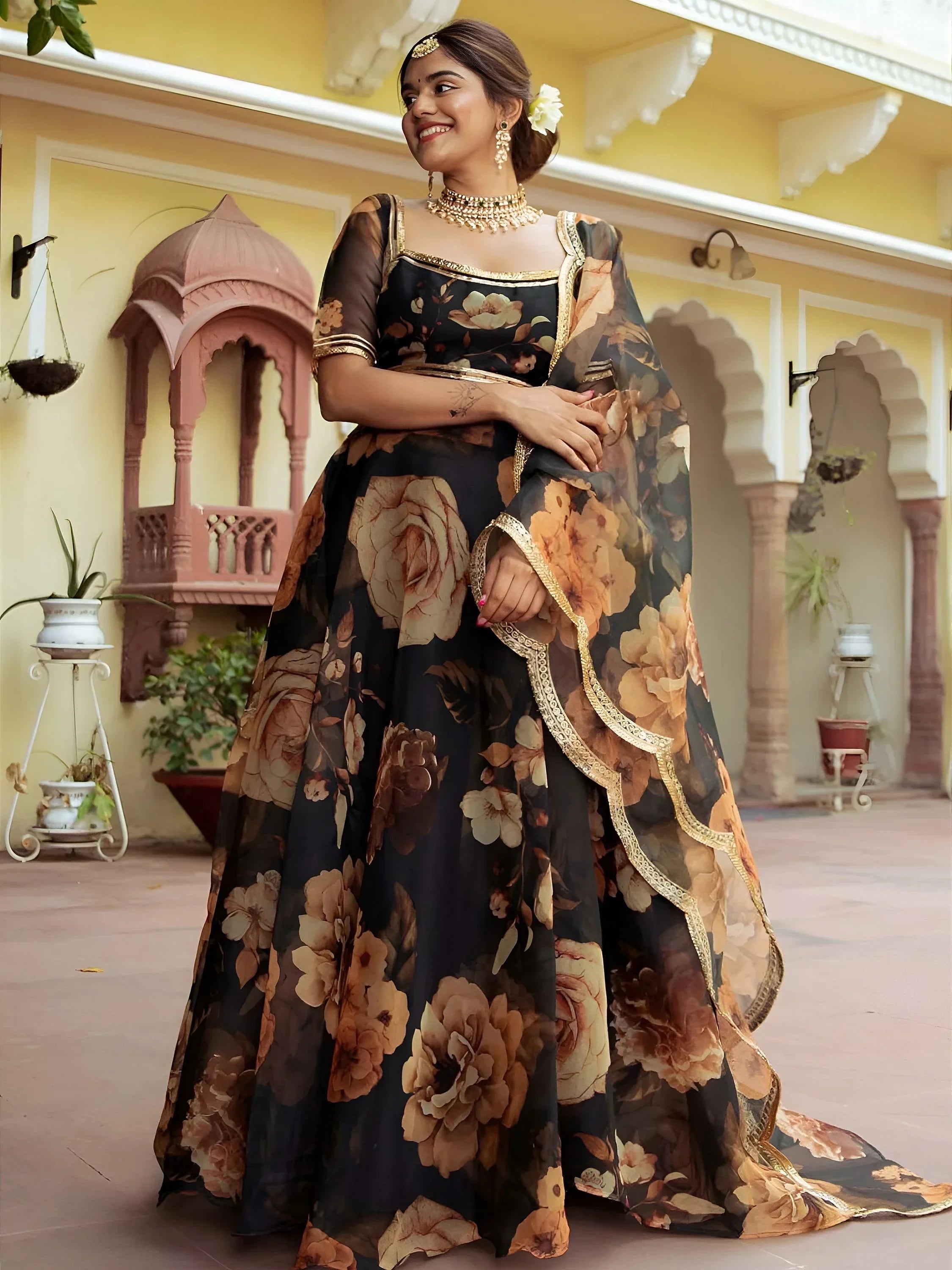 Beautiful Black Floral Printed Organza  Event Wear Lehenga Choli