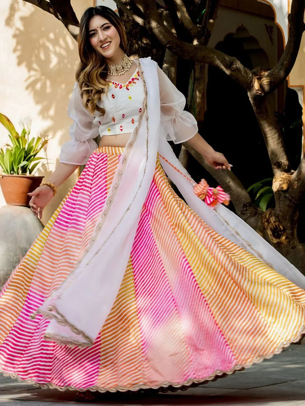 Pretty Multi-Color Leheriya Printed Art Silk  Sangeet Wear Lehenga Choli