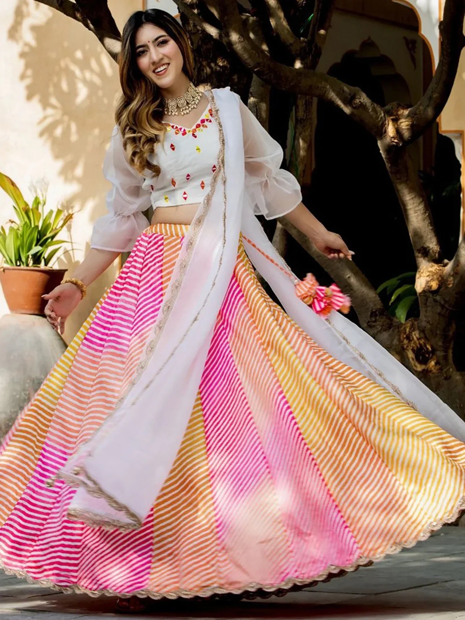 Pretty Multi-Color Leheriya Printed Art Silk  Sangeet Wear Lehenga Choli