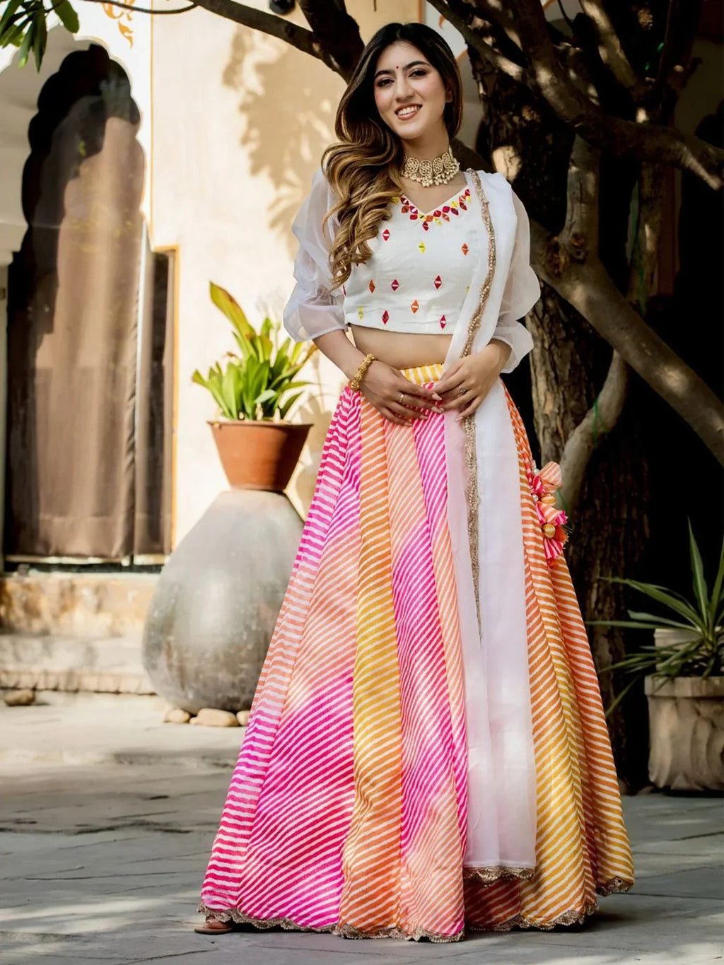 Pretty Multi-Color Leheriya Printed Art Silk  Sangeet Wear Lehenga Choli