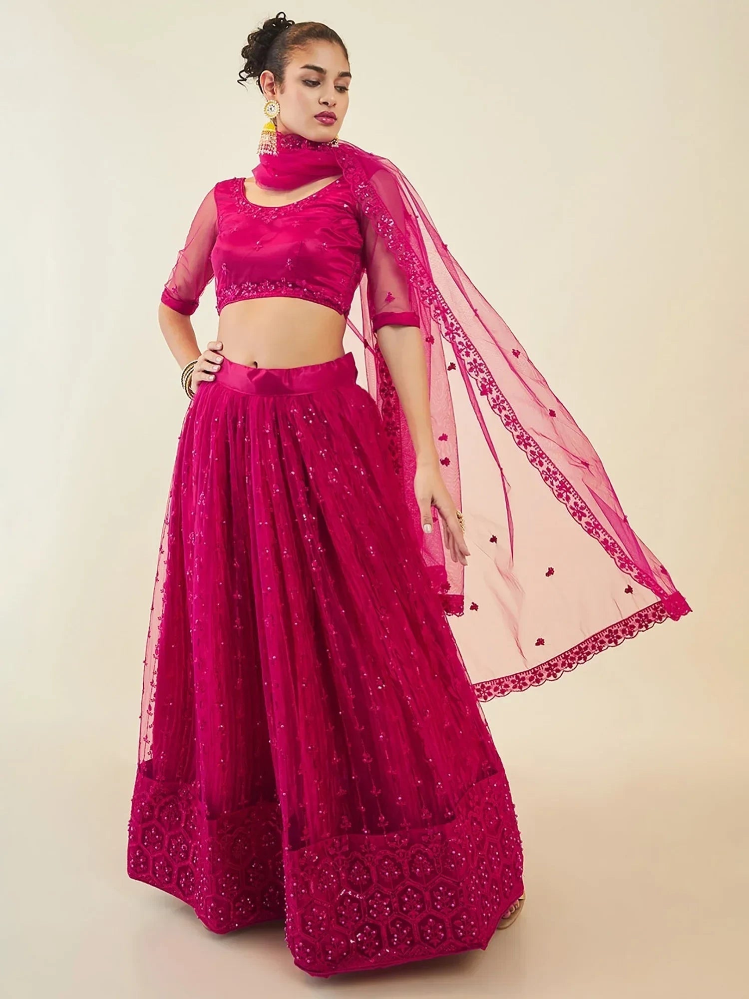 Pink Ravishing Sequins Net Reception Wear Lehenga Choli With Dupatta