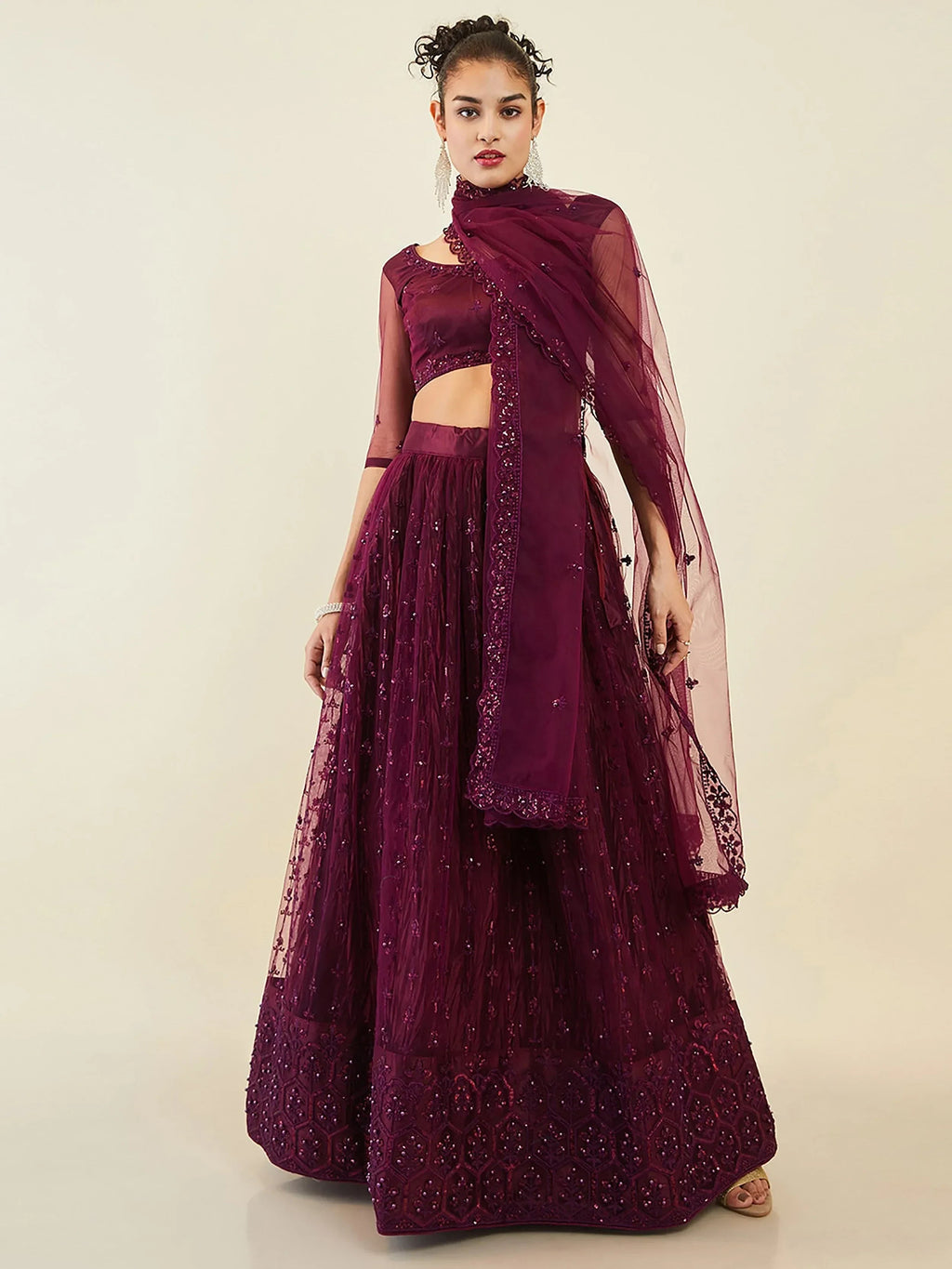 Purple Ravishing Sequins Net Reception Wear Lehenga Choli With Dupatta