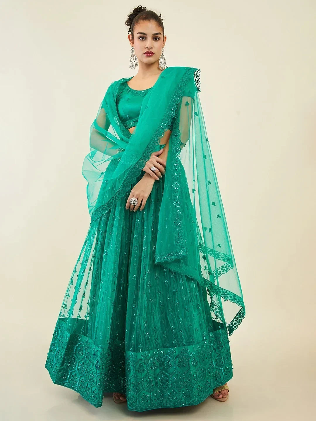Teal Ravishing Sequins Net Reception Wear Lehenga Choli With Dupatta