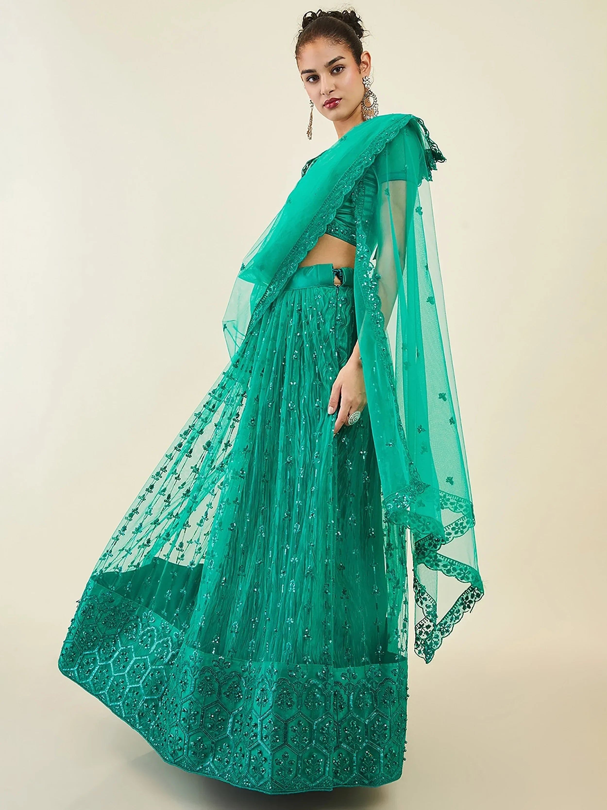 Teal Ravishing Sequins Net Reception Wear Lehenga Choli With Dupatta