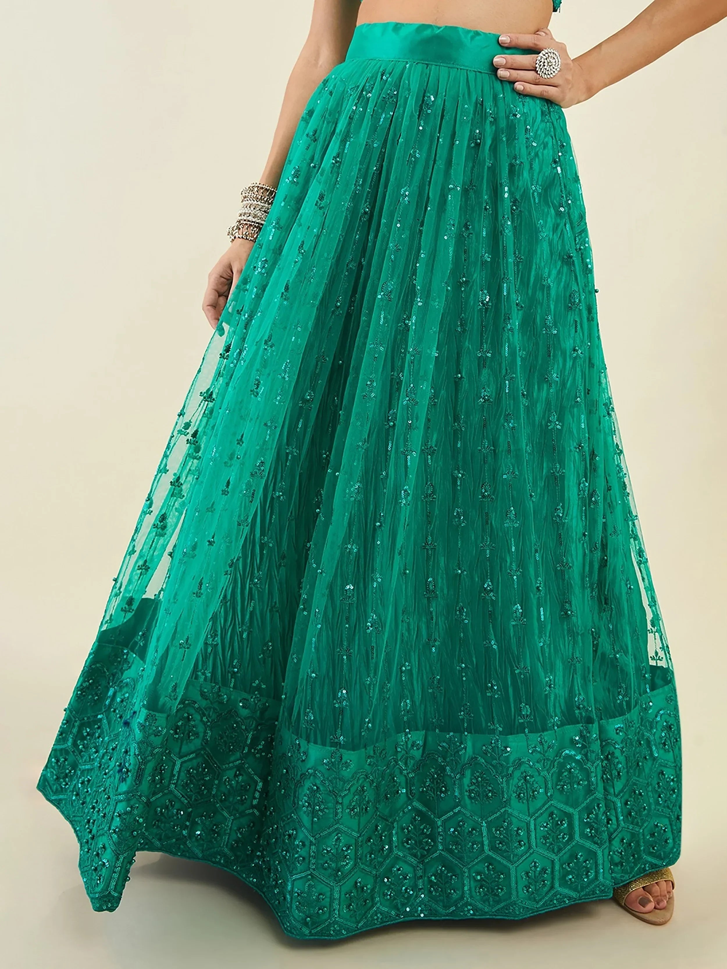 Teal Ravishing Sequins Net Reception Wear Lehenga Choli With Dupatta