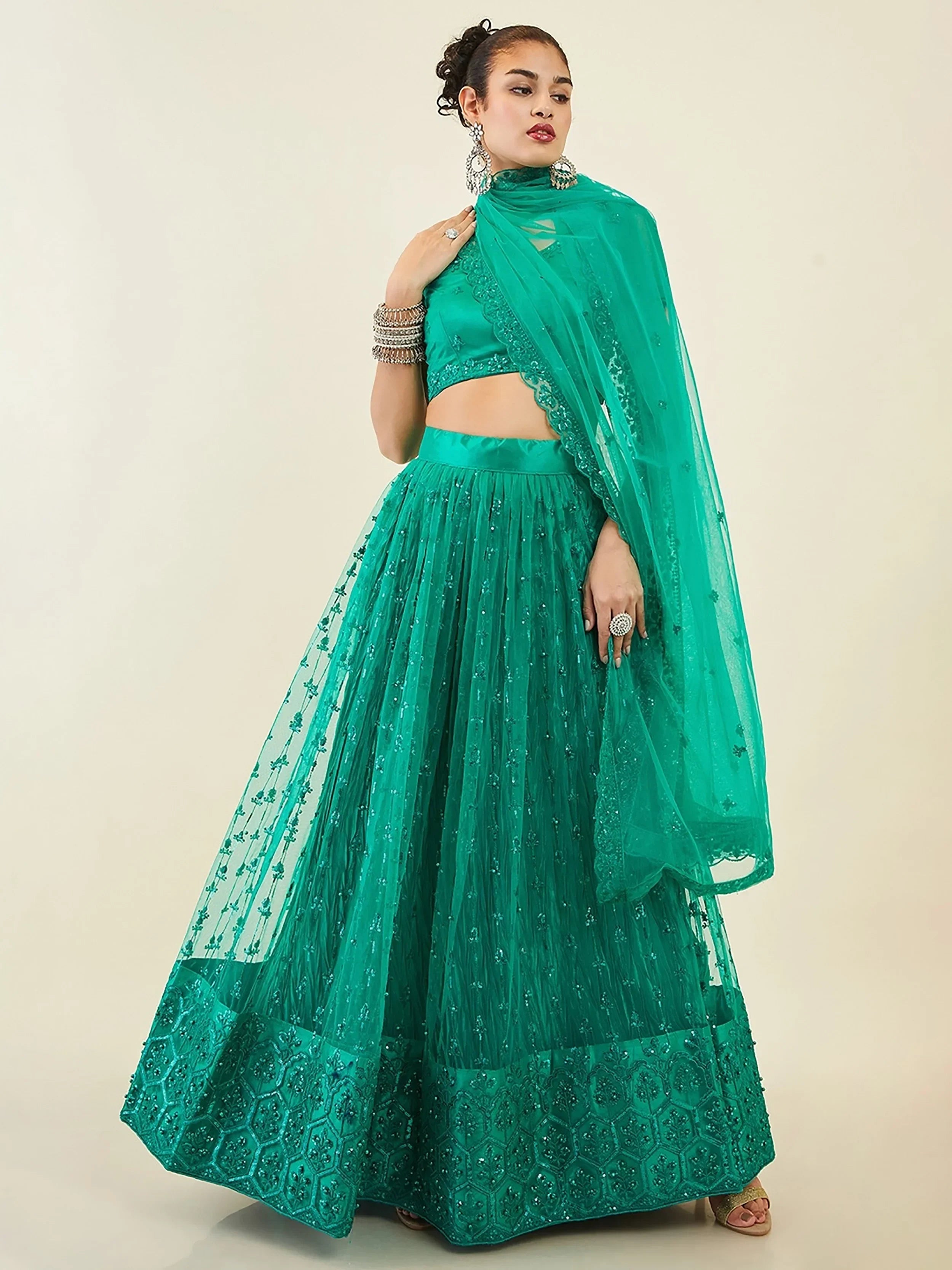 Teal Ravishing Sequins Net Reception Wear Lehenga Choli With Dupatta