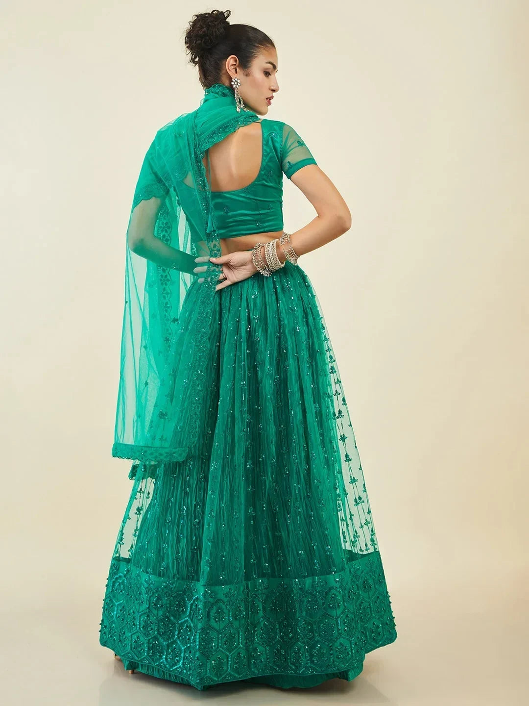 Teal Ravishing Sequins Net Reception Wear Lehenga Choli With Dupatta