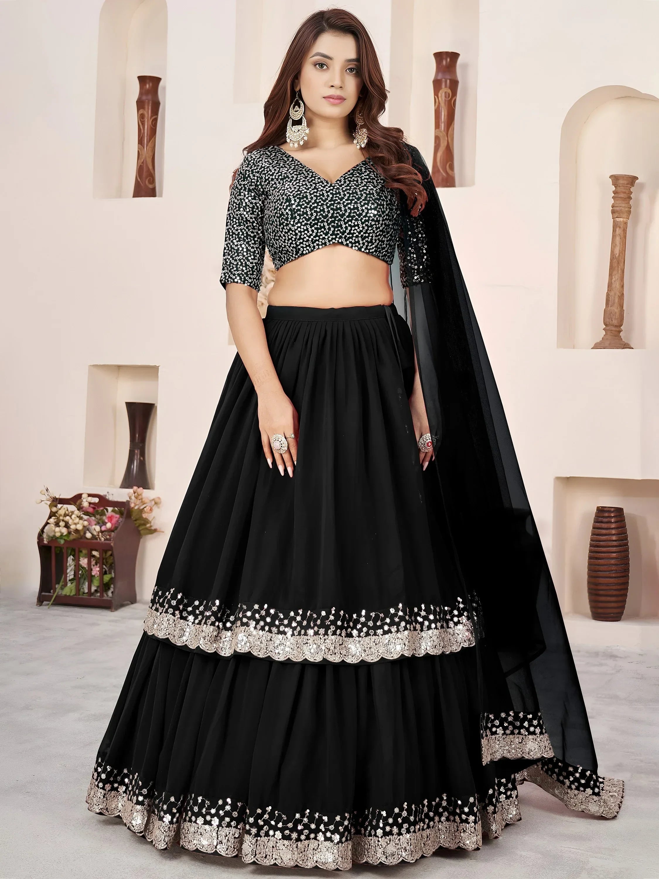 Black Amazing Sequins Georgette Reception Wear Lehenga Choli