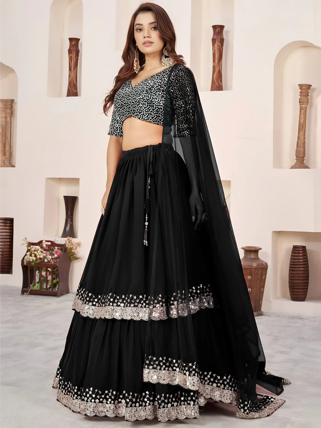 Black Amazing Sequins Georgette Reception Wear Lehenga Choli