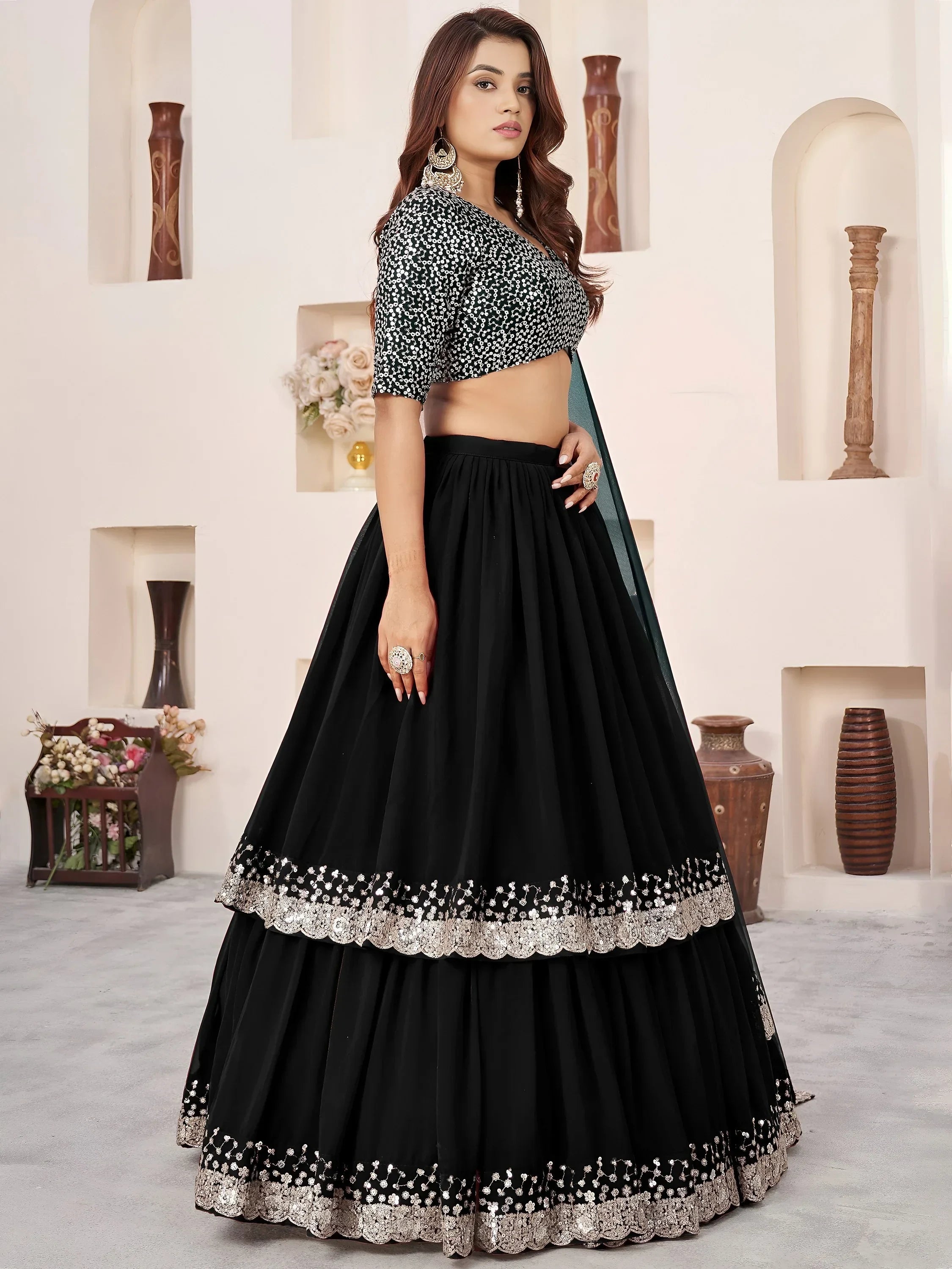 Black Amazing Sequins Georgette Reception Wear Lehenga Choli