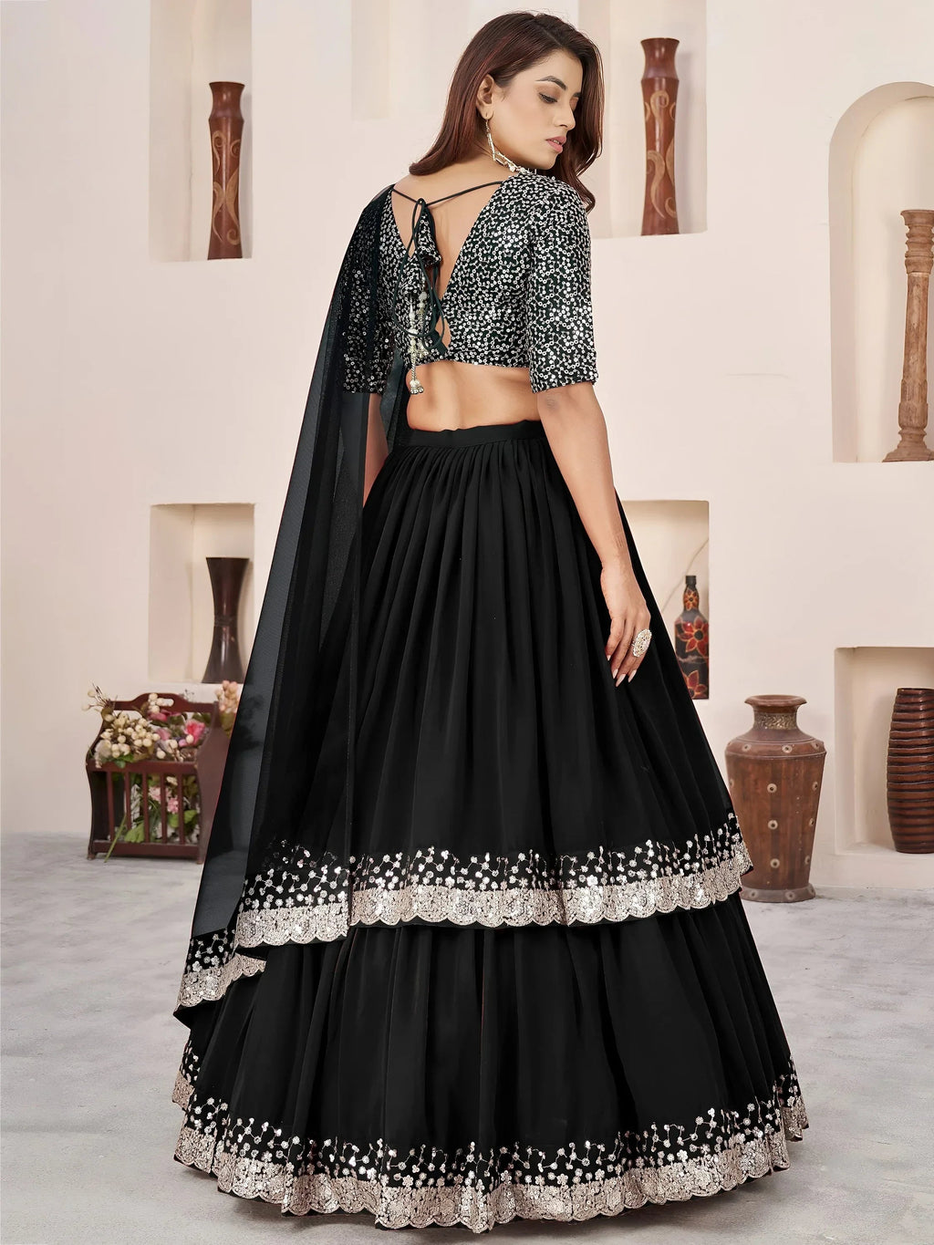Black Amazing Sequins Georgette Reception Wear Lehenga Choli