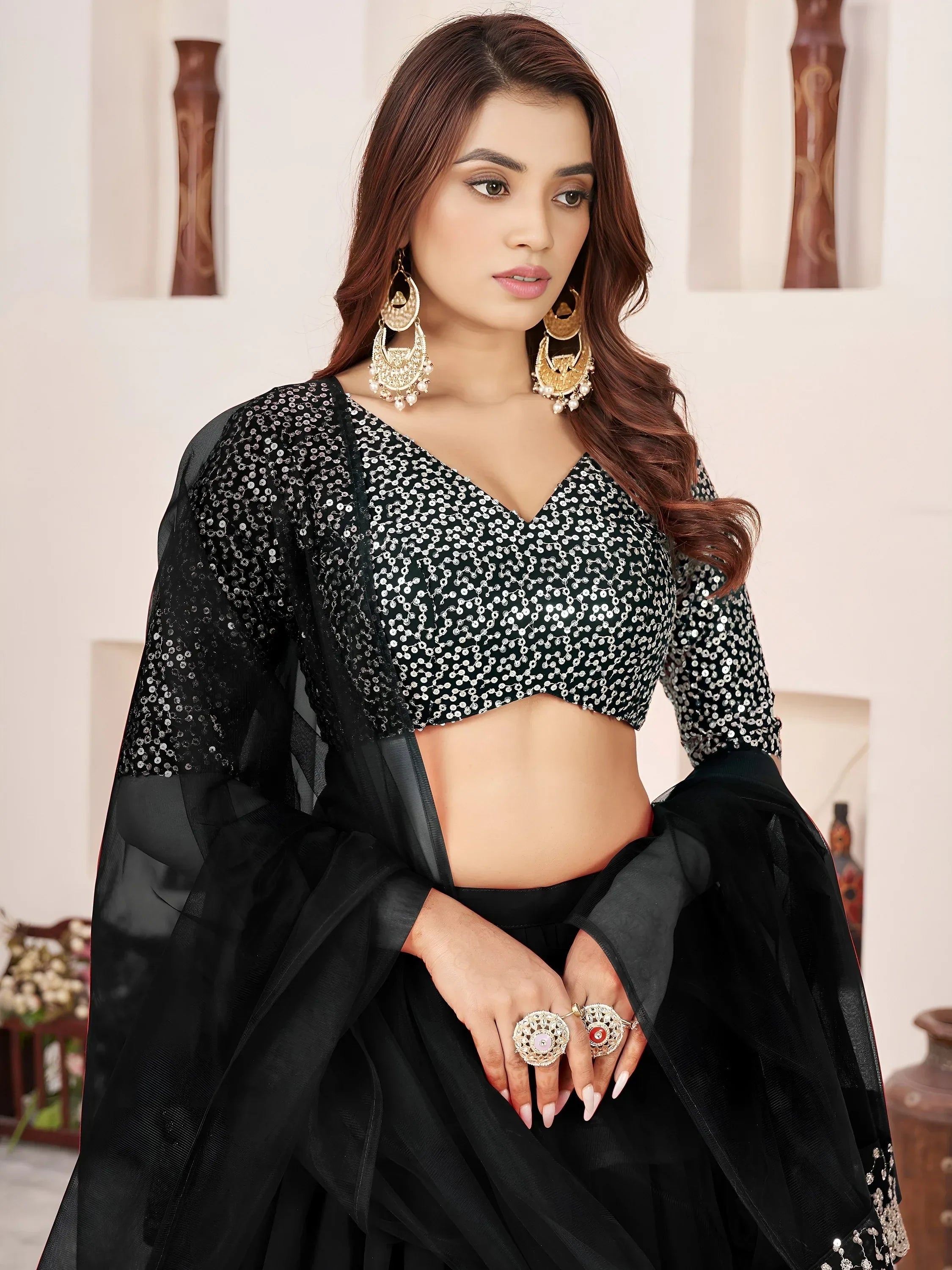 Black Amazing Sequins Georgette Reception Wear Lehenga Choli
