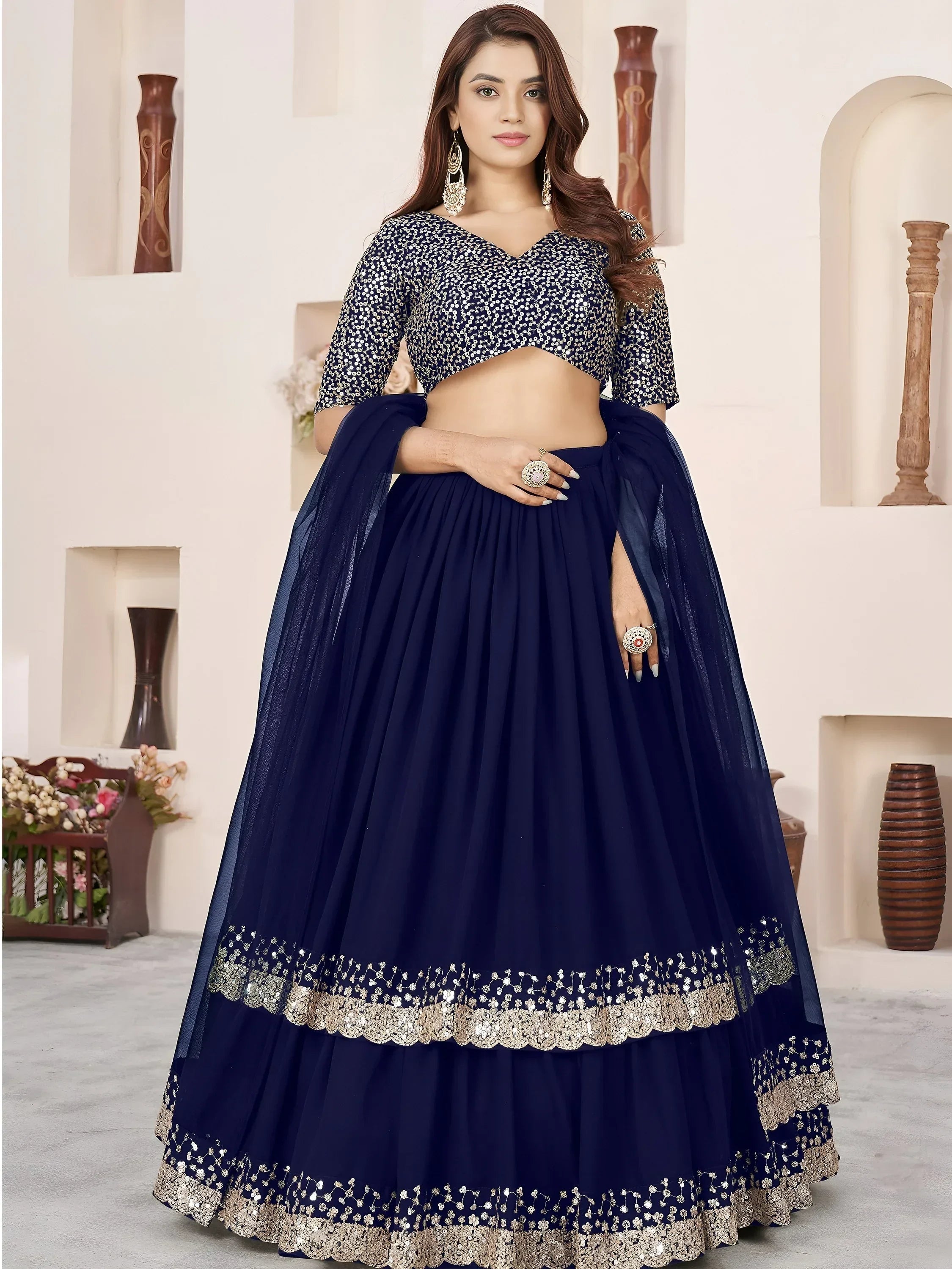 Blue Amazing Sequins Georgette Reception Wear Lehenga Choli