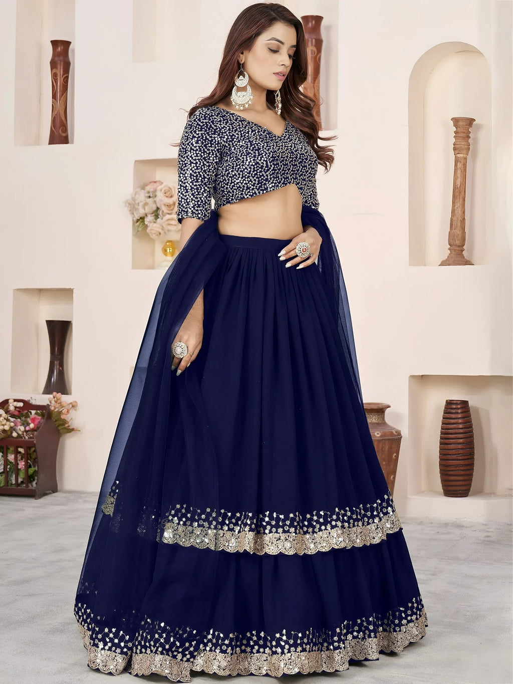 Blue Amazing Sequins Georgette Reception Wear Lehenga Choli