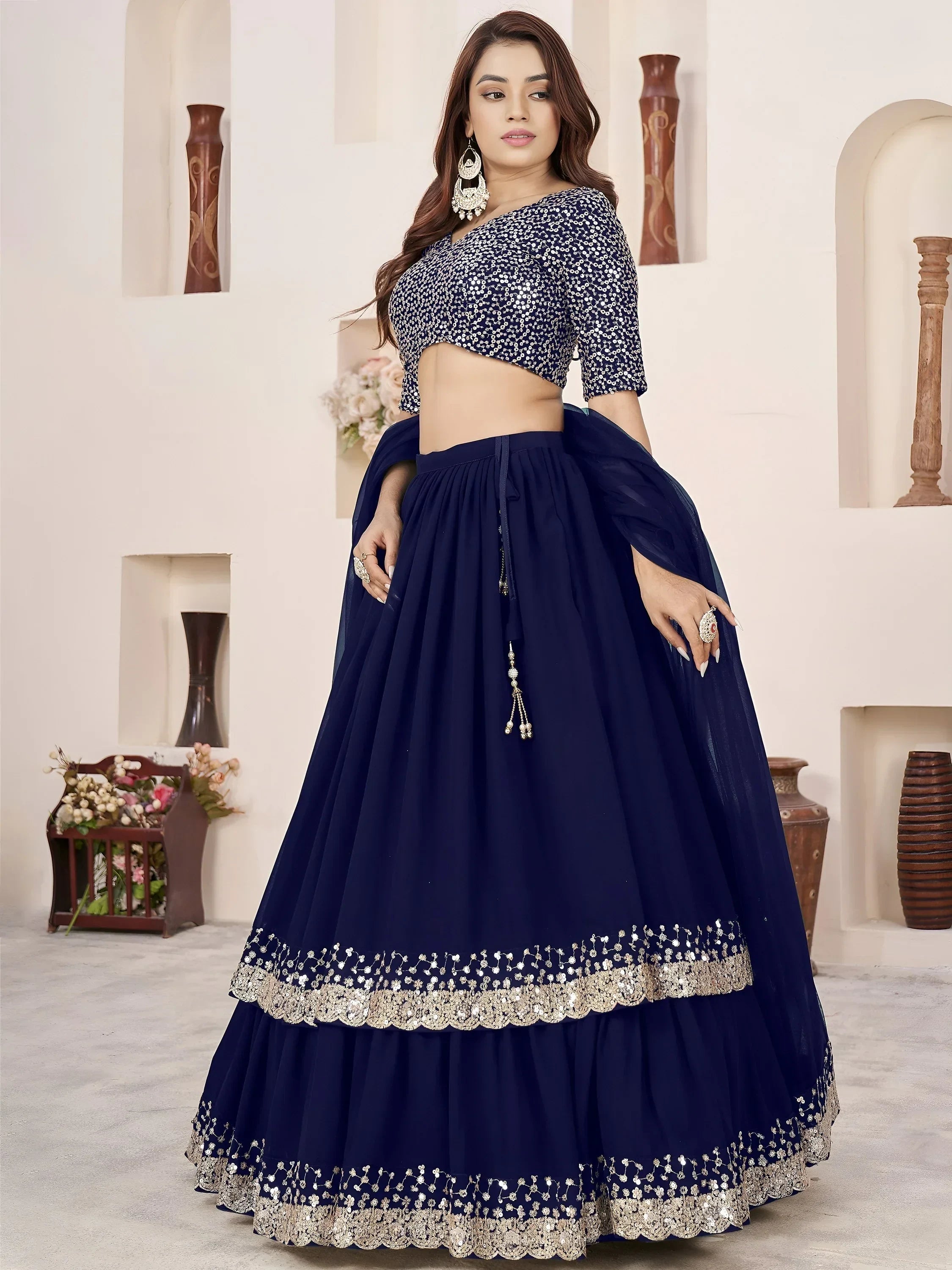 Blue Amazing Sequins Georgette Reception Wear Lehenga Choli