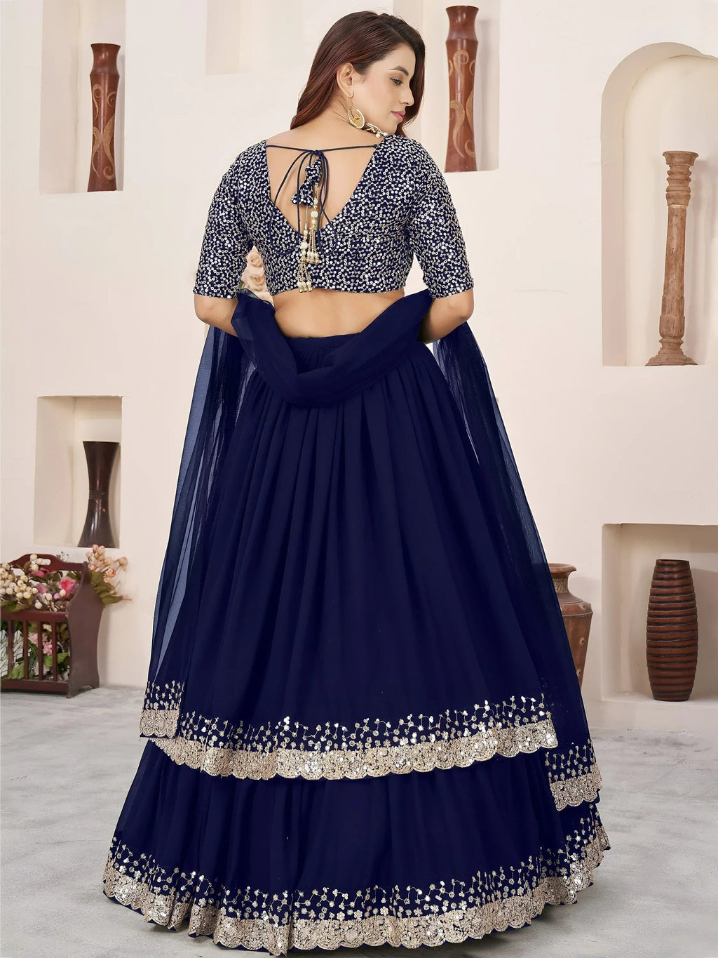 Blue Amazing Sequins Georgette Reception Wear Lehenga Choli