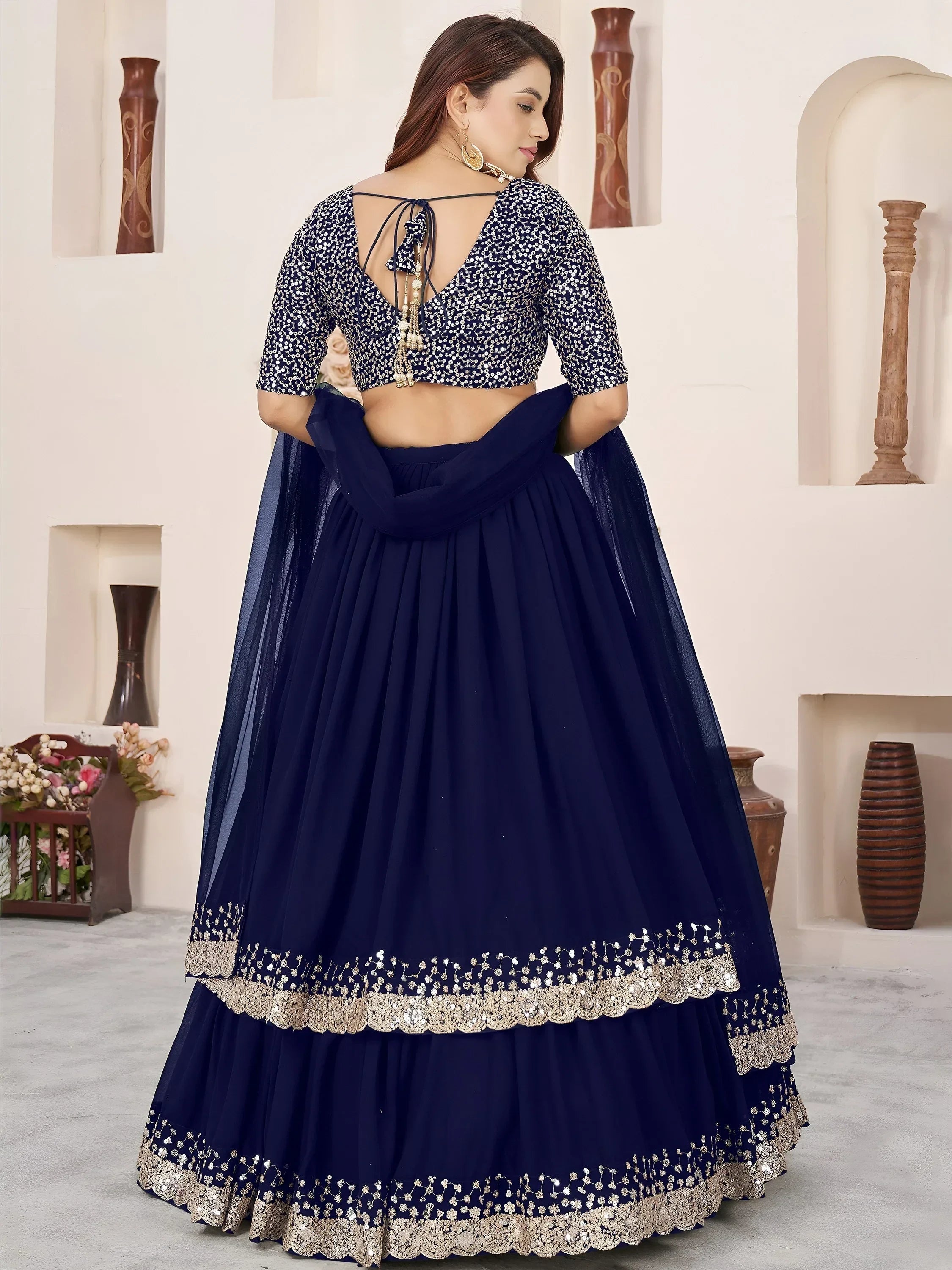 Blue Amazing Sequins Georgette Reception Wear Lehenga Choli