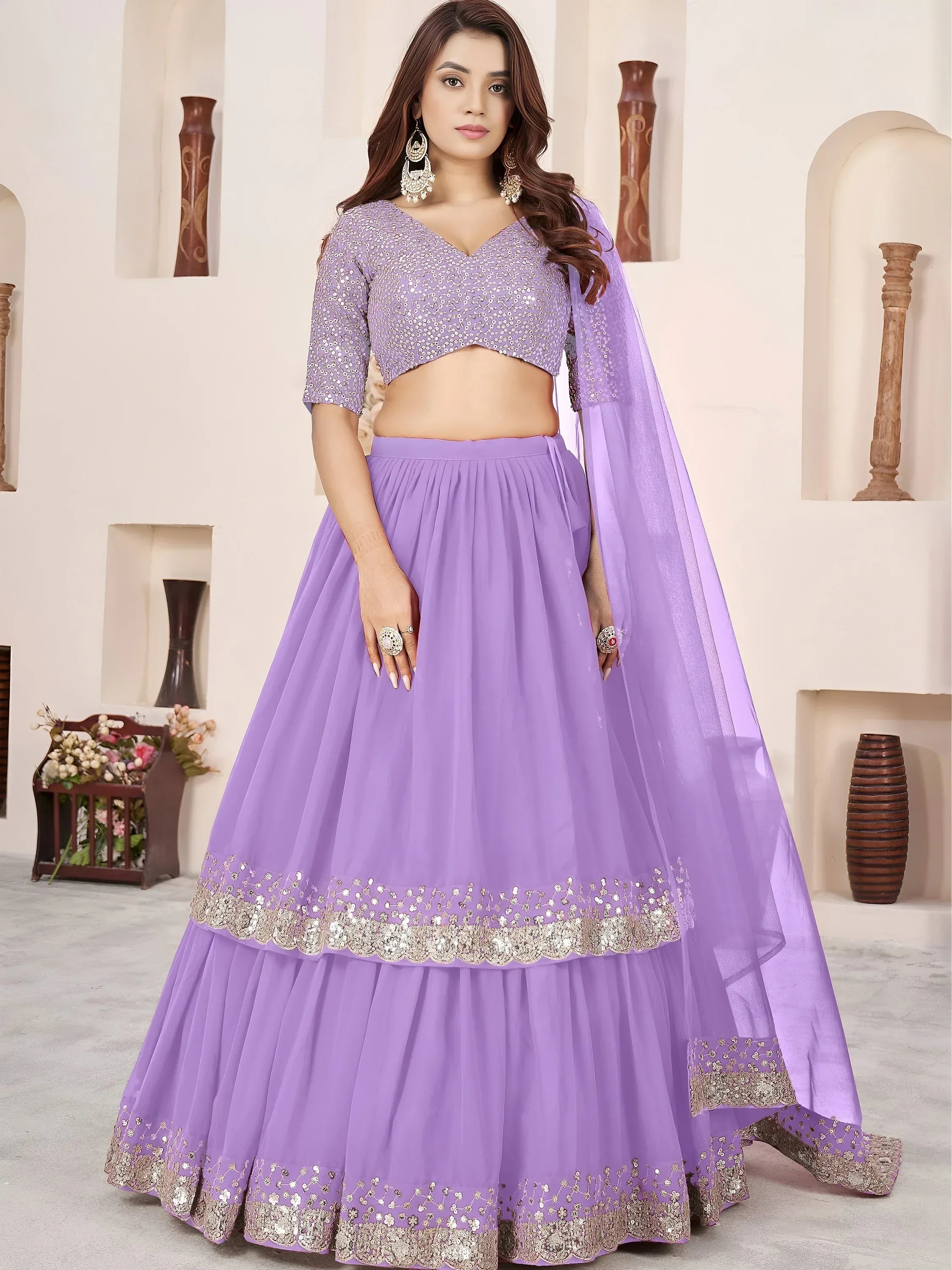 Lavender Amazing Sequins Georgette Reception Wear Lehenga Choli