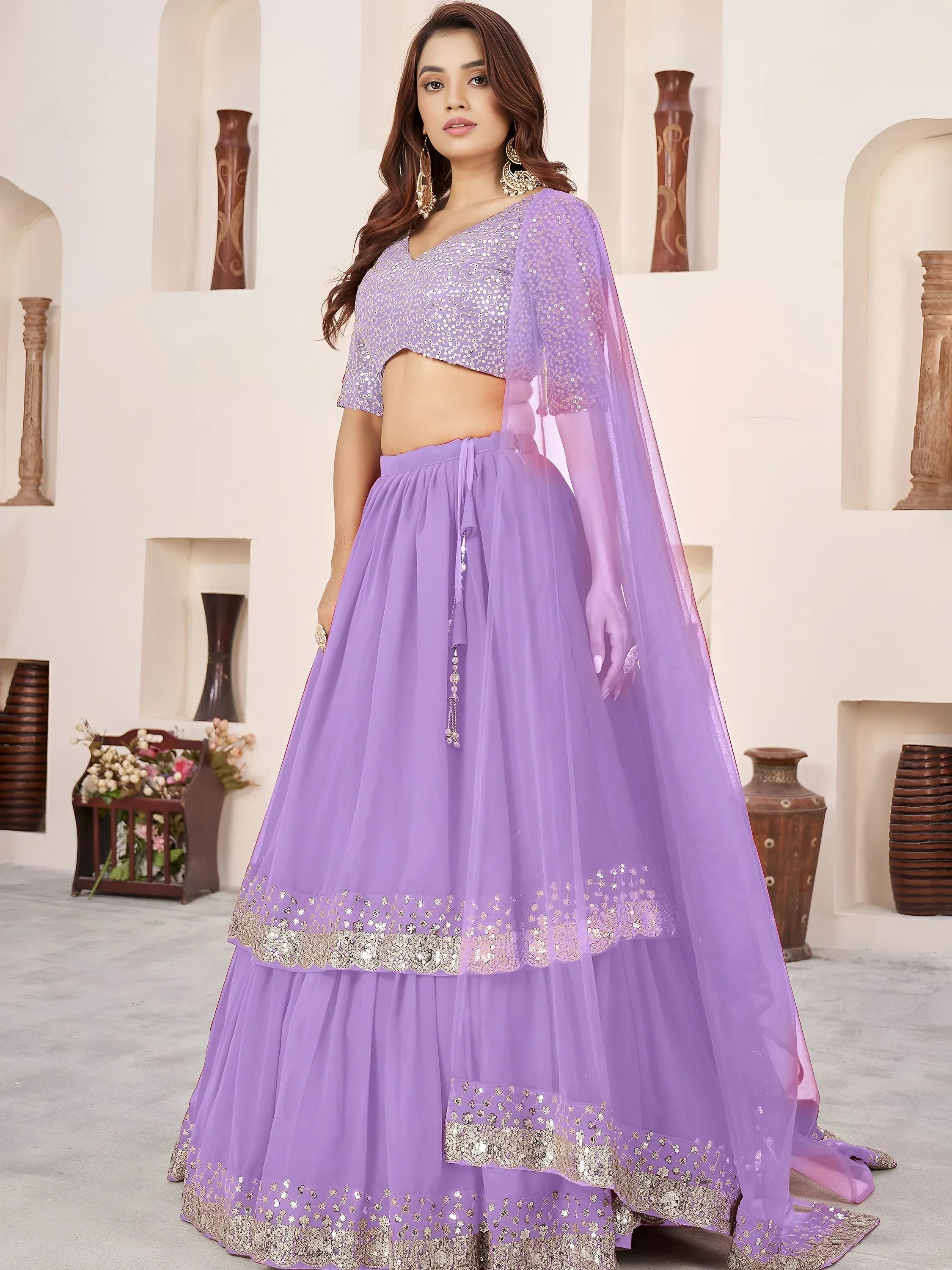 Lavender Amazing Sequins Georgette Reception Wear Lehenga Choli