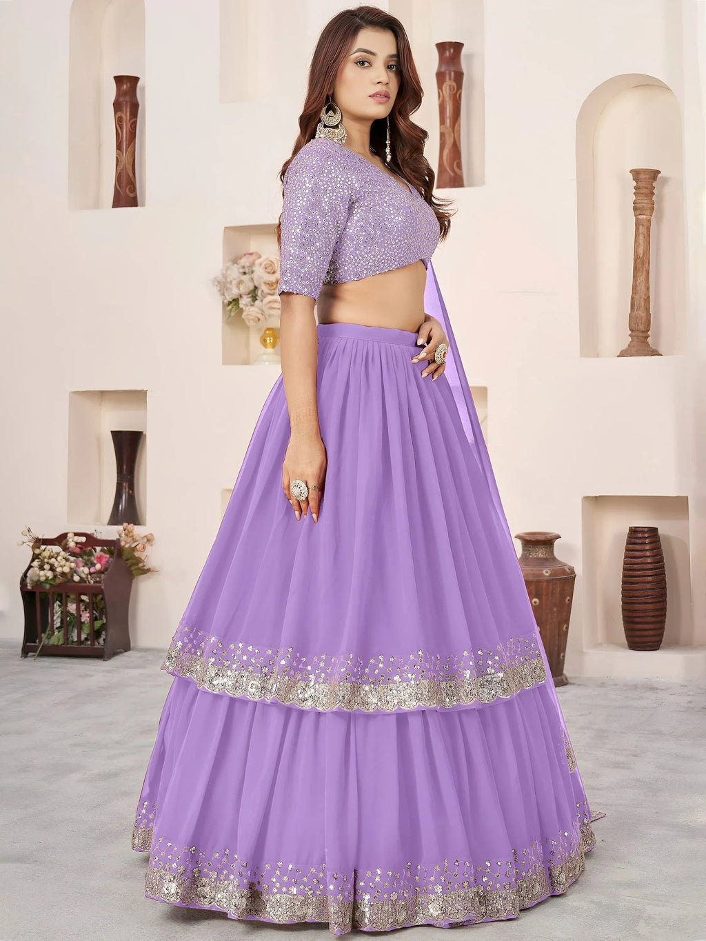 Lavender Amazing Sequins Georgette Reception Wear Lehenga Choli