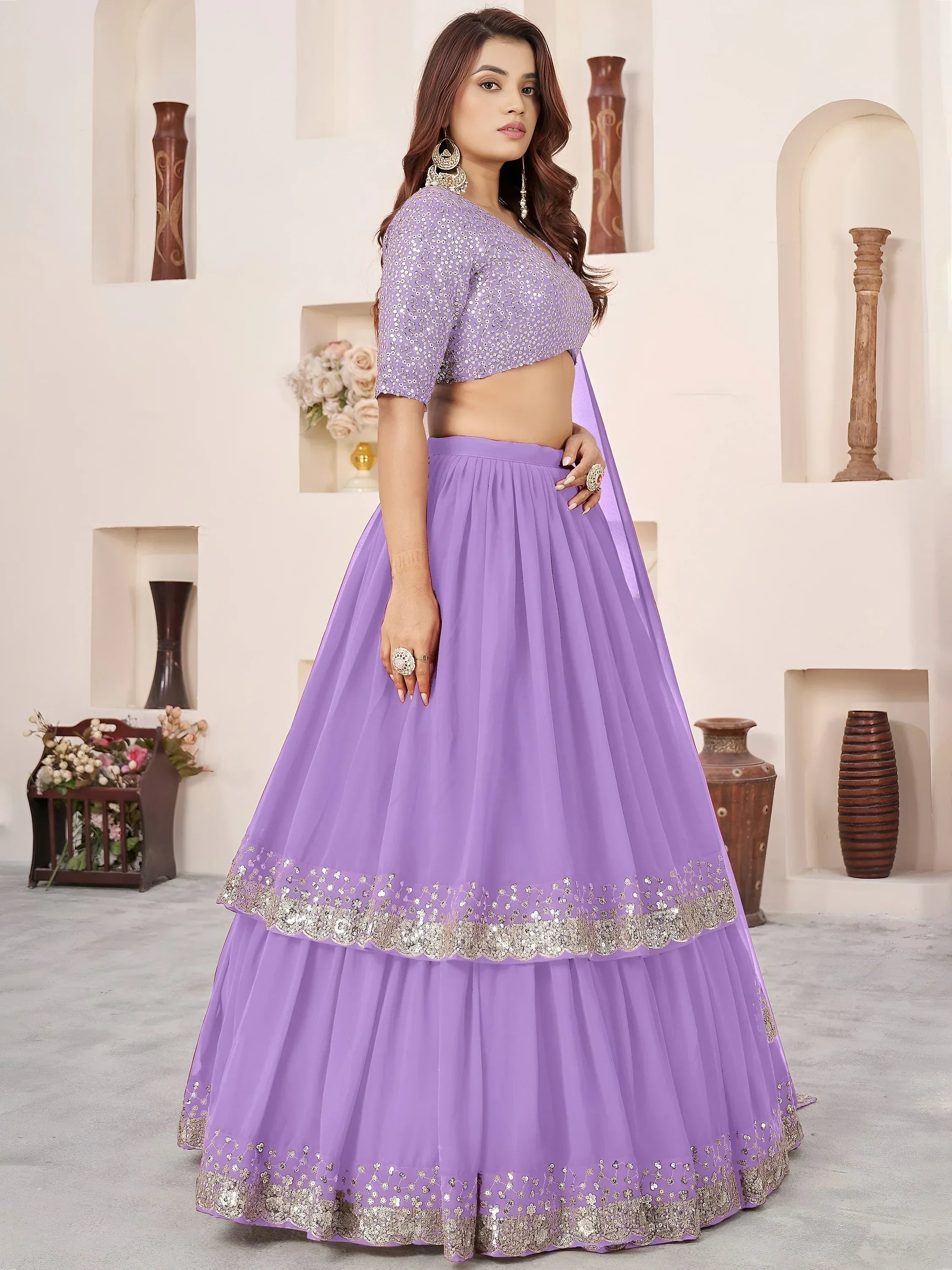 Lavender Amazing Sequins Georgette Reception Wear Lehenga Choli