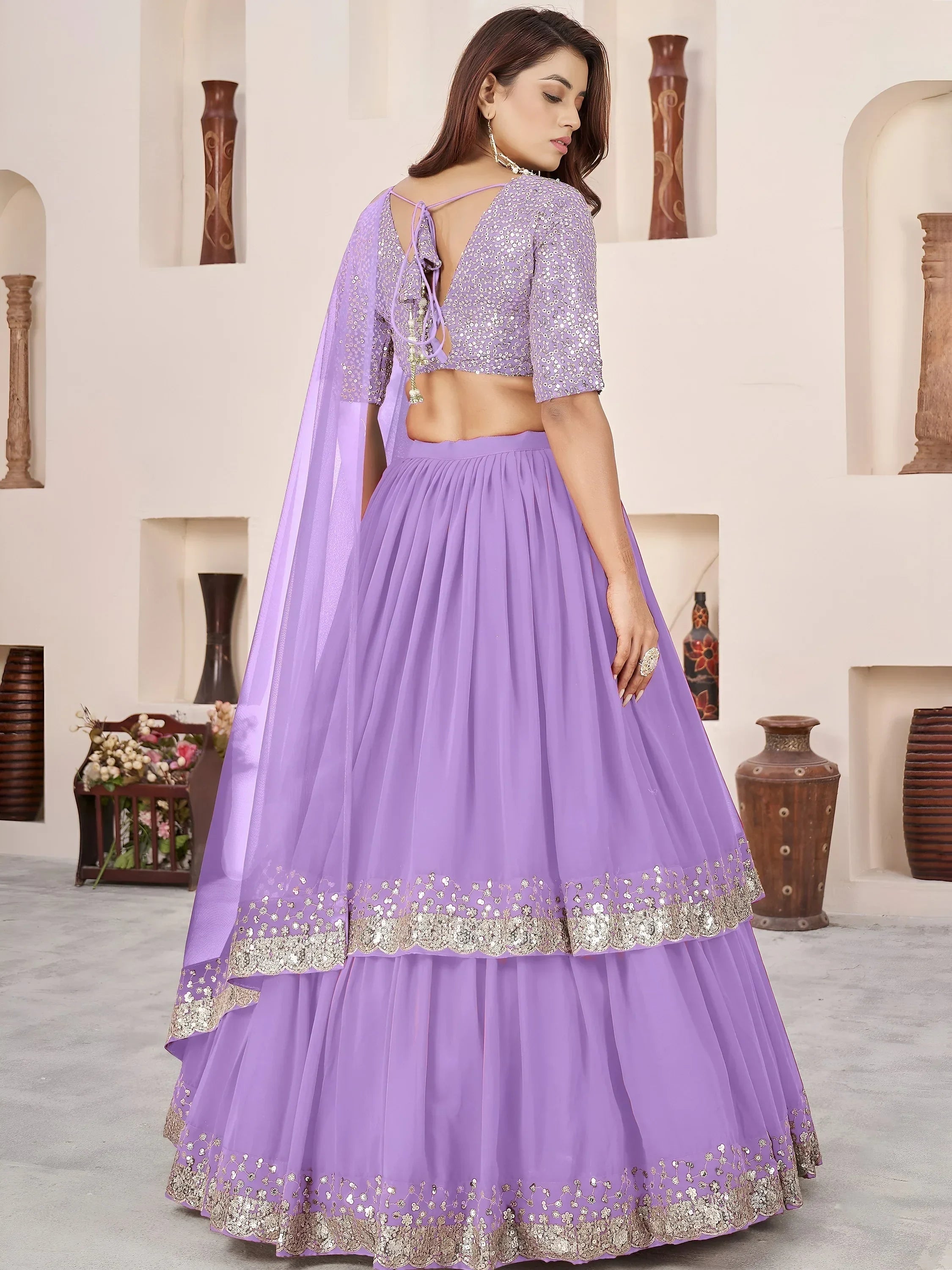 Lavender Amazing Sequins Georgette Reception Wear Lehenga Choli