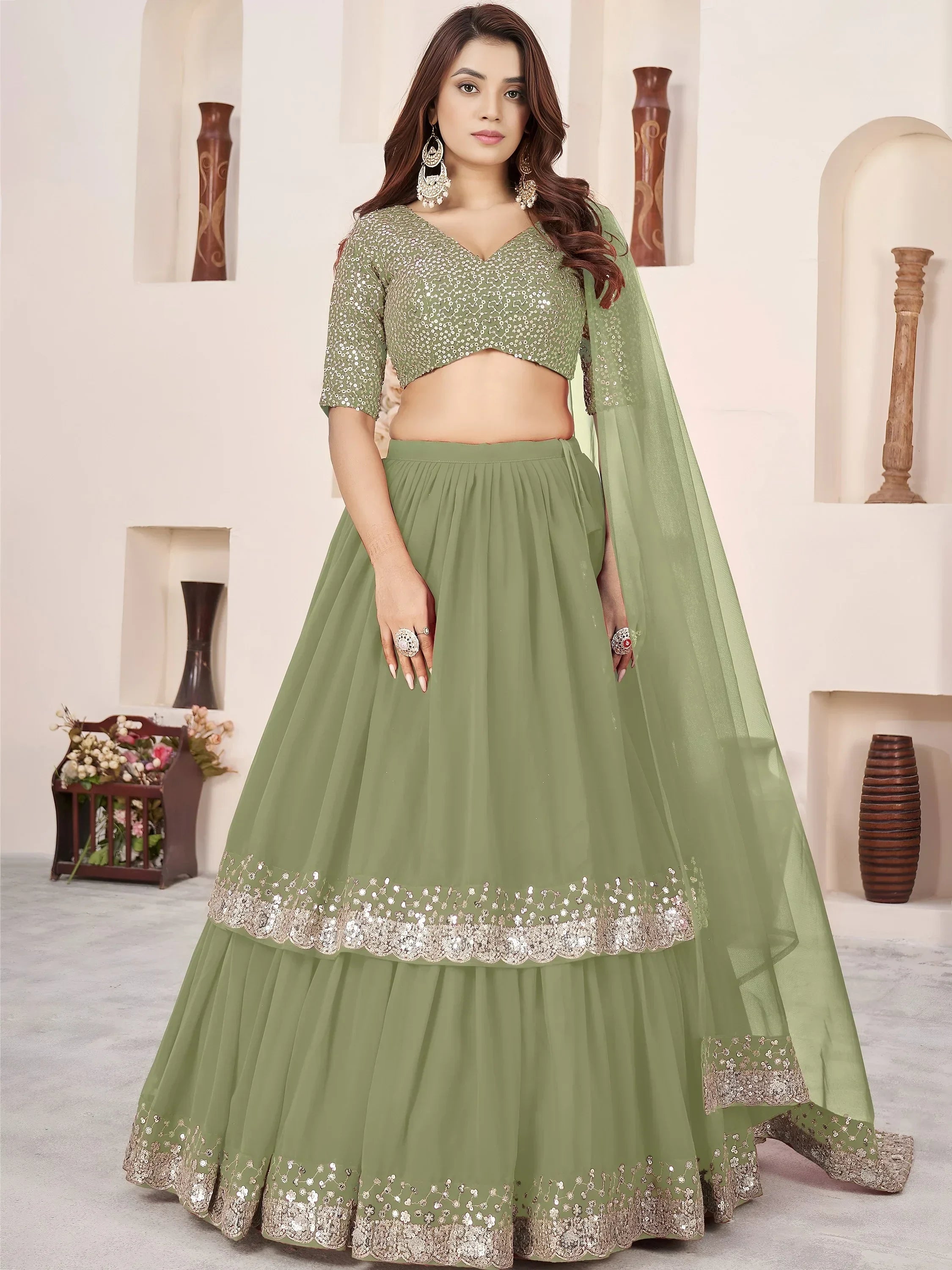 Olive Amazing Sequins Georgette Reception Wear Lehenga Choli