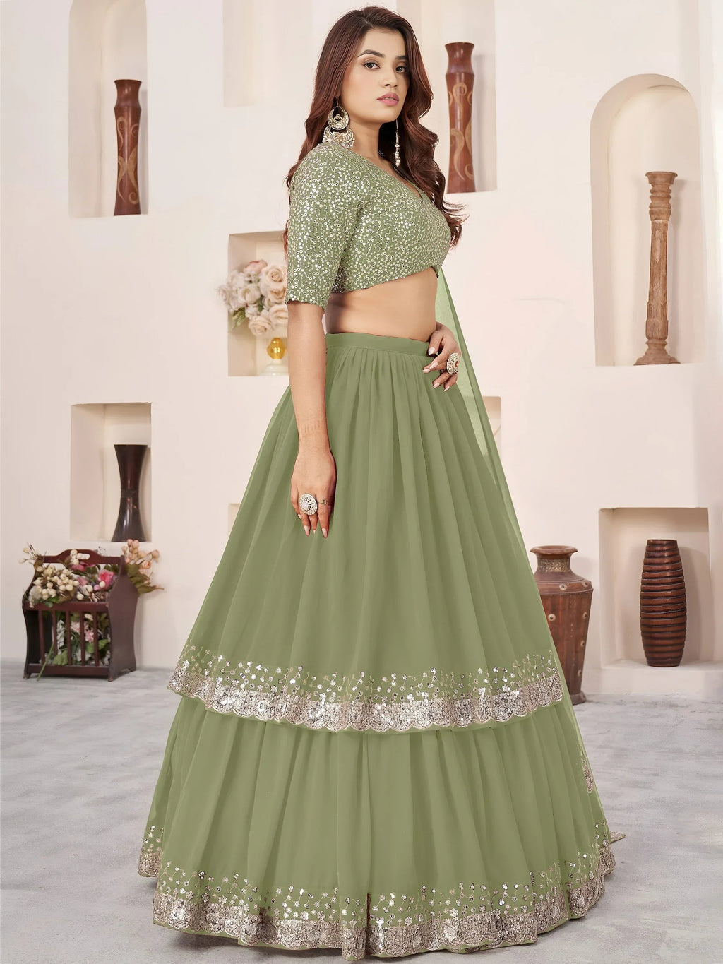 Olive Amazing Sequins Georgette Reception Wear Lehenga Choli