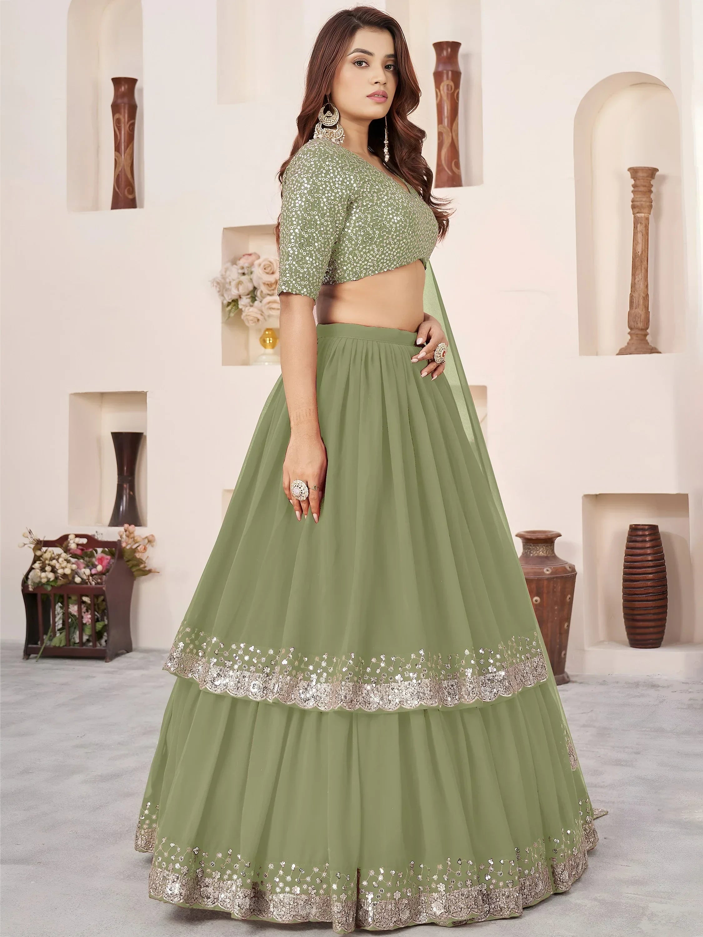 Olive Amazing Sequins Georgette Reception Wear Lehenga Choli