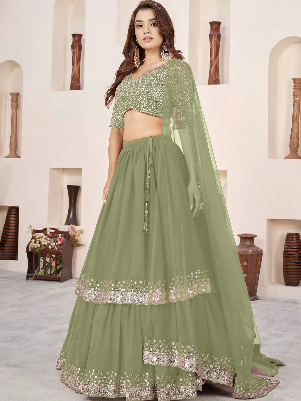 Olive Amazing Sequins Georgette Reception Wear Lehenga Choli