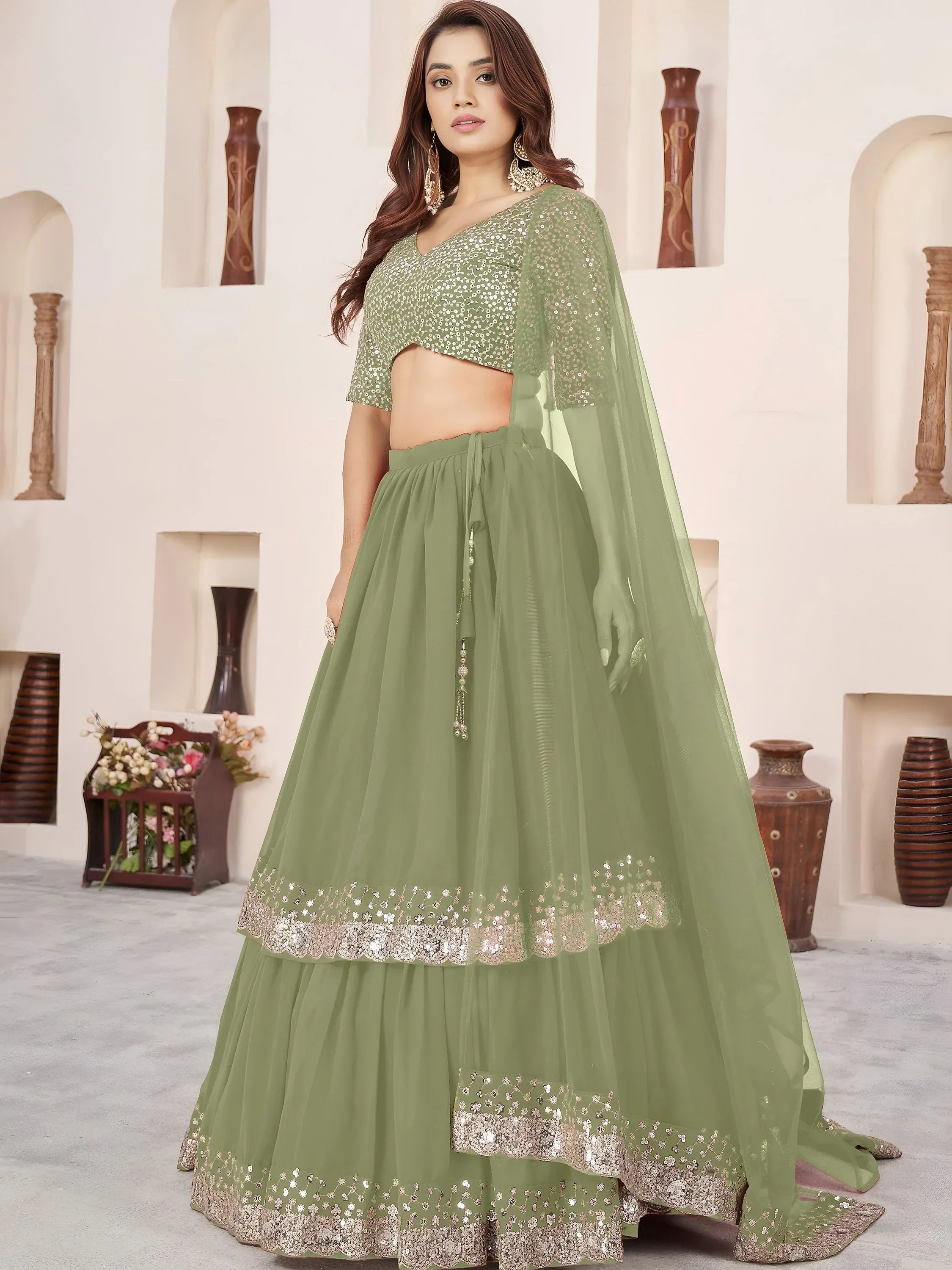 Olive Amazing Sequins Georgette Reception Wear Lehenga Choli