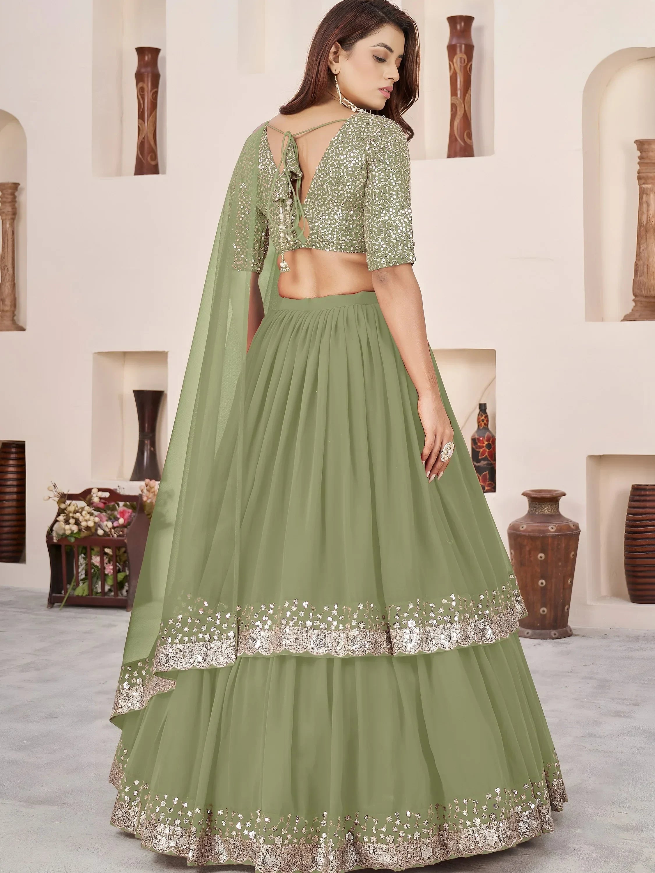 Olive Amazing Sequins Georgette Reception Wear Lehenga Choli