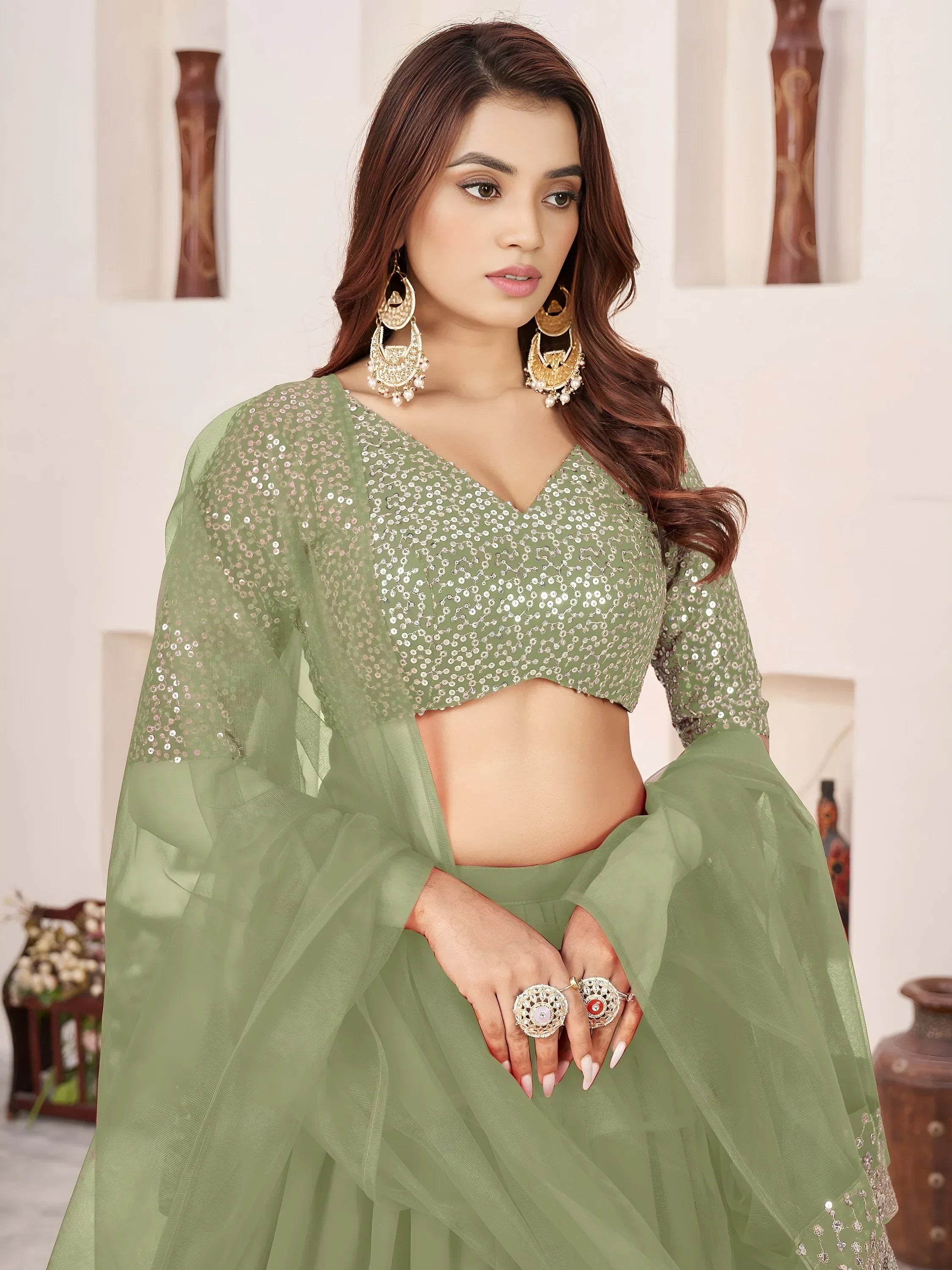 Olive Amazing Sequins Georgette Reception Wear Lehenga Choli