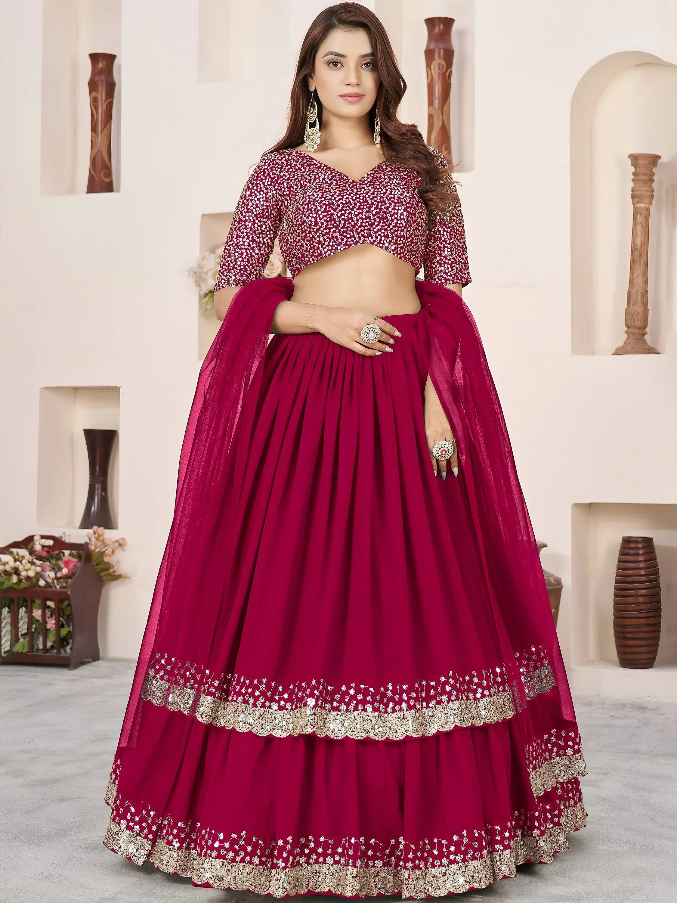 Pink Amazing Sequins Georgette Reception Wear Lehenga Choli